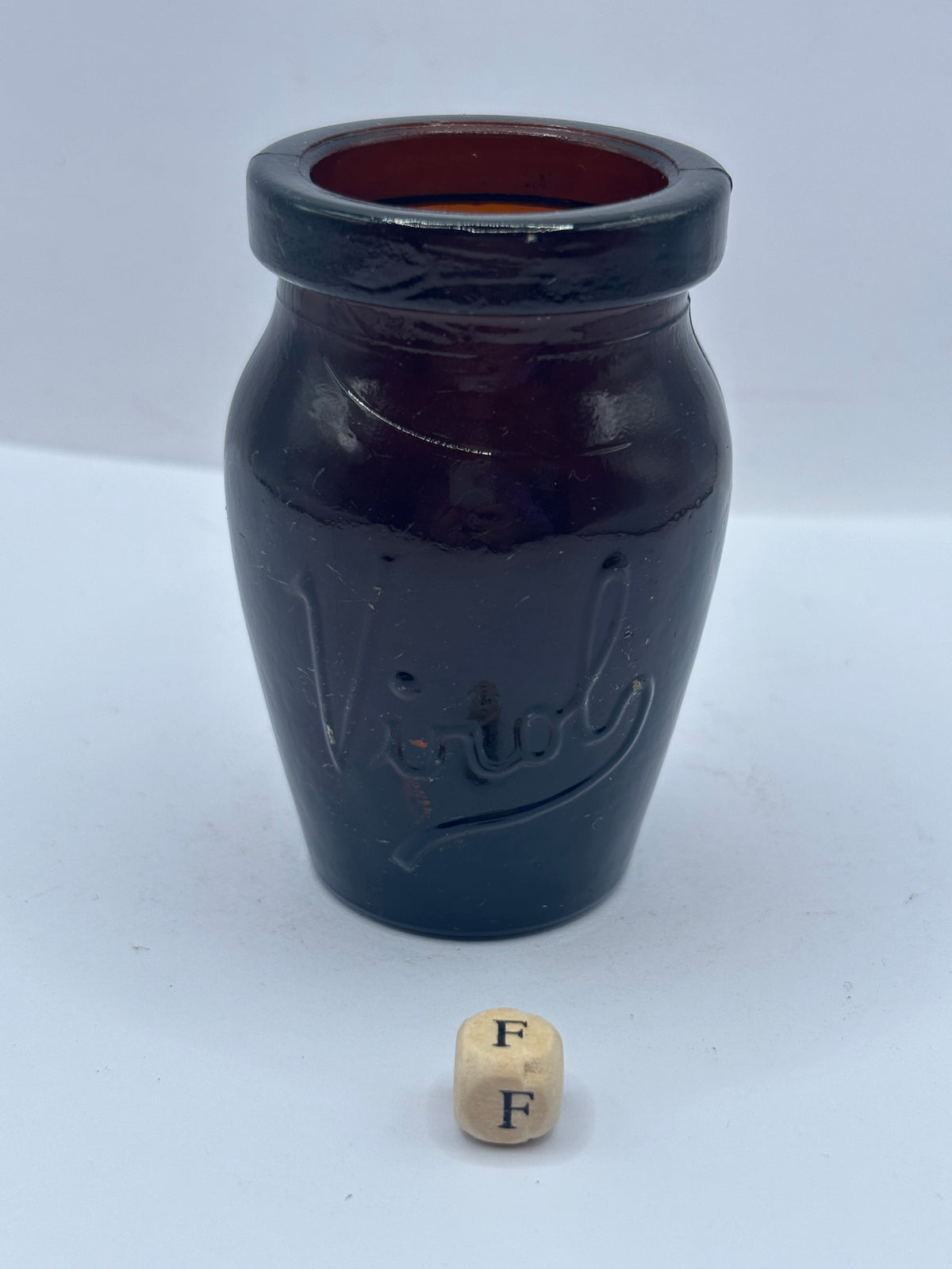 Old amber glass Virol jar (f) 8cms