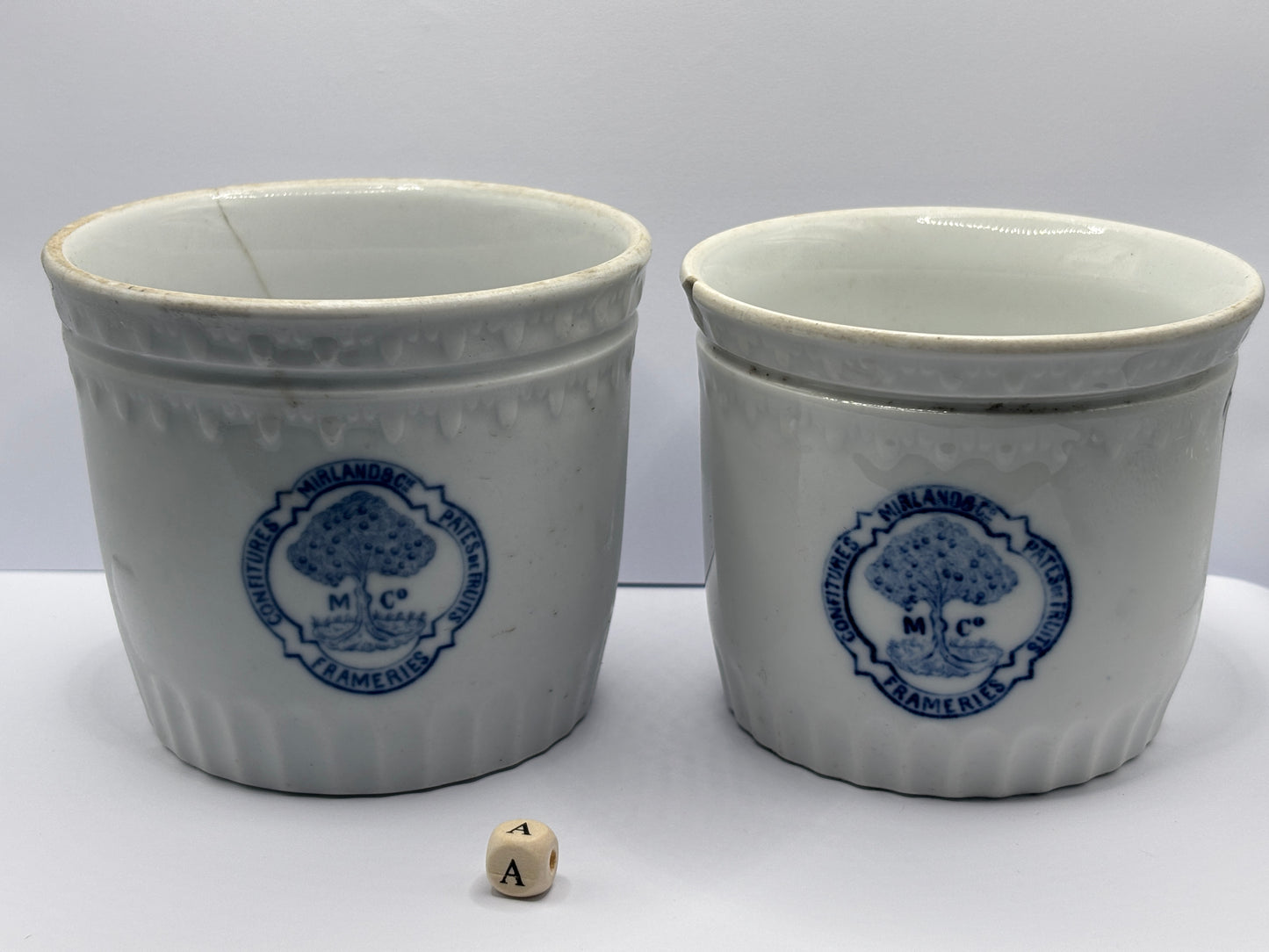 2 Old belgian stoneware jam/ preserve pots damaged (A)