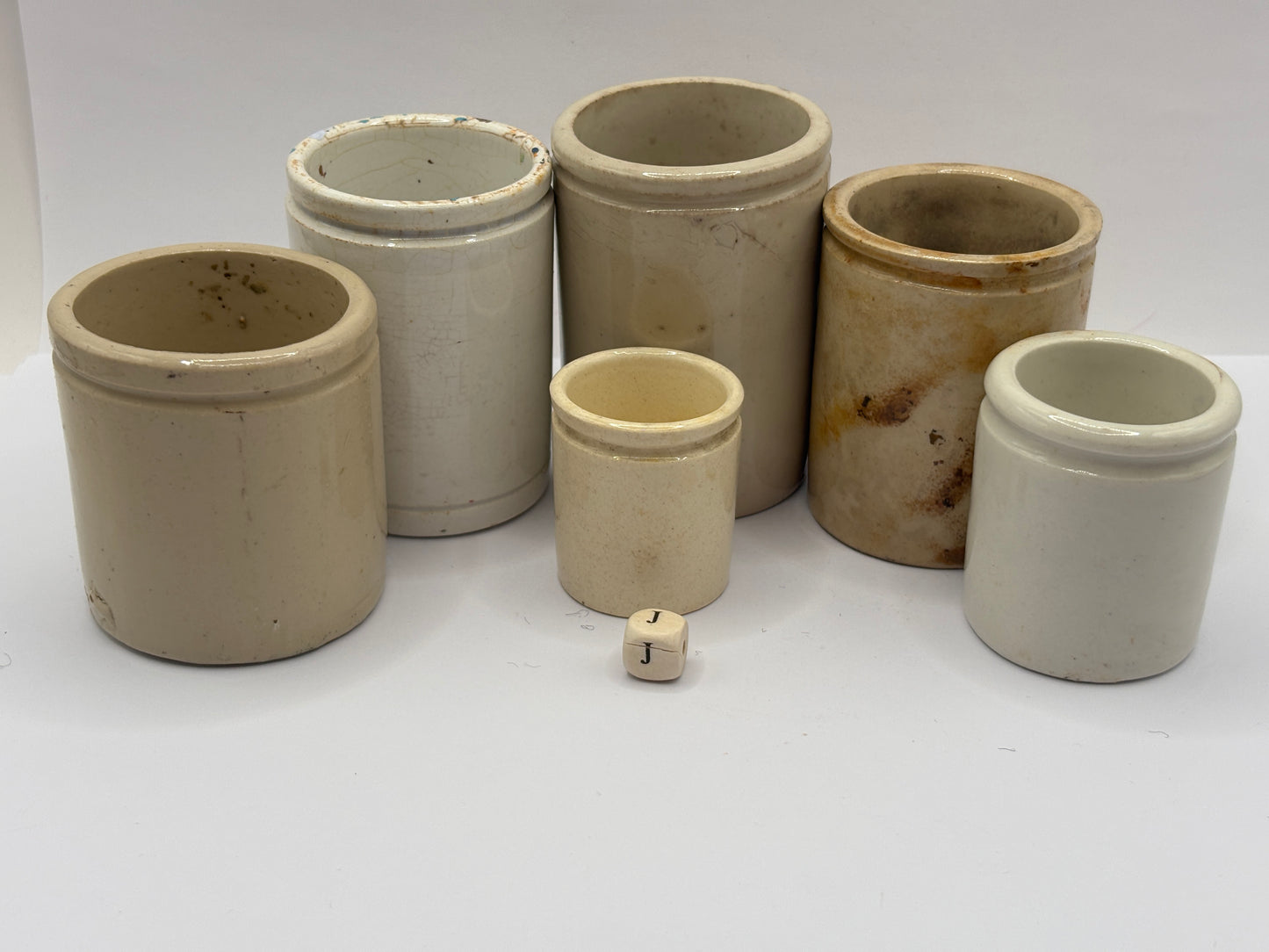 6 old white stoneware jars & pots (J)