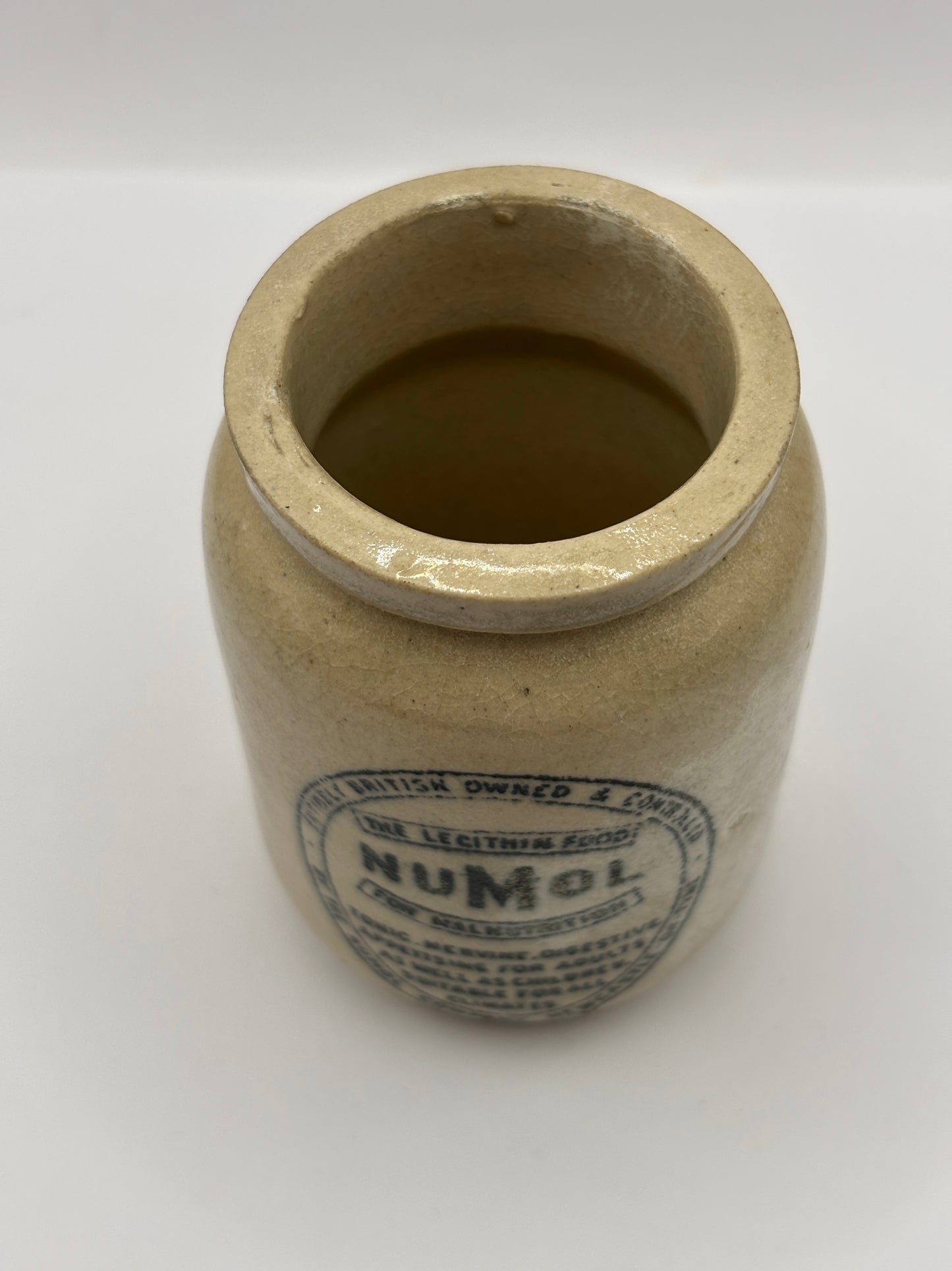 Old mini stoneware advertising Numol jar. The lecithin food for malnutrition 8cms