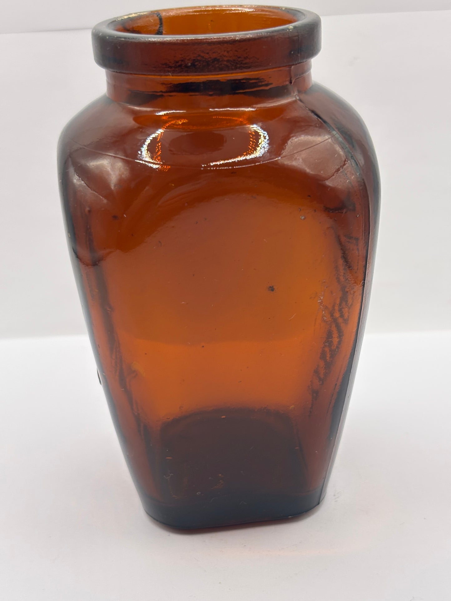 old large amber glass virolax jar 13.5cms