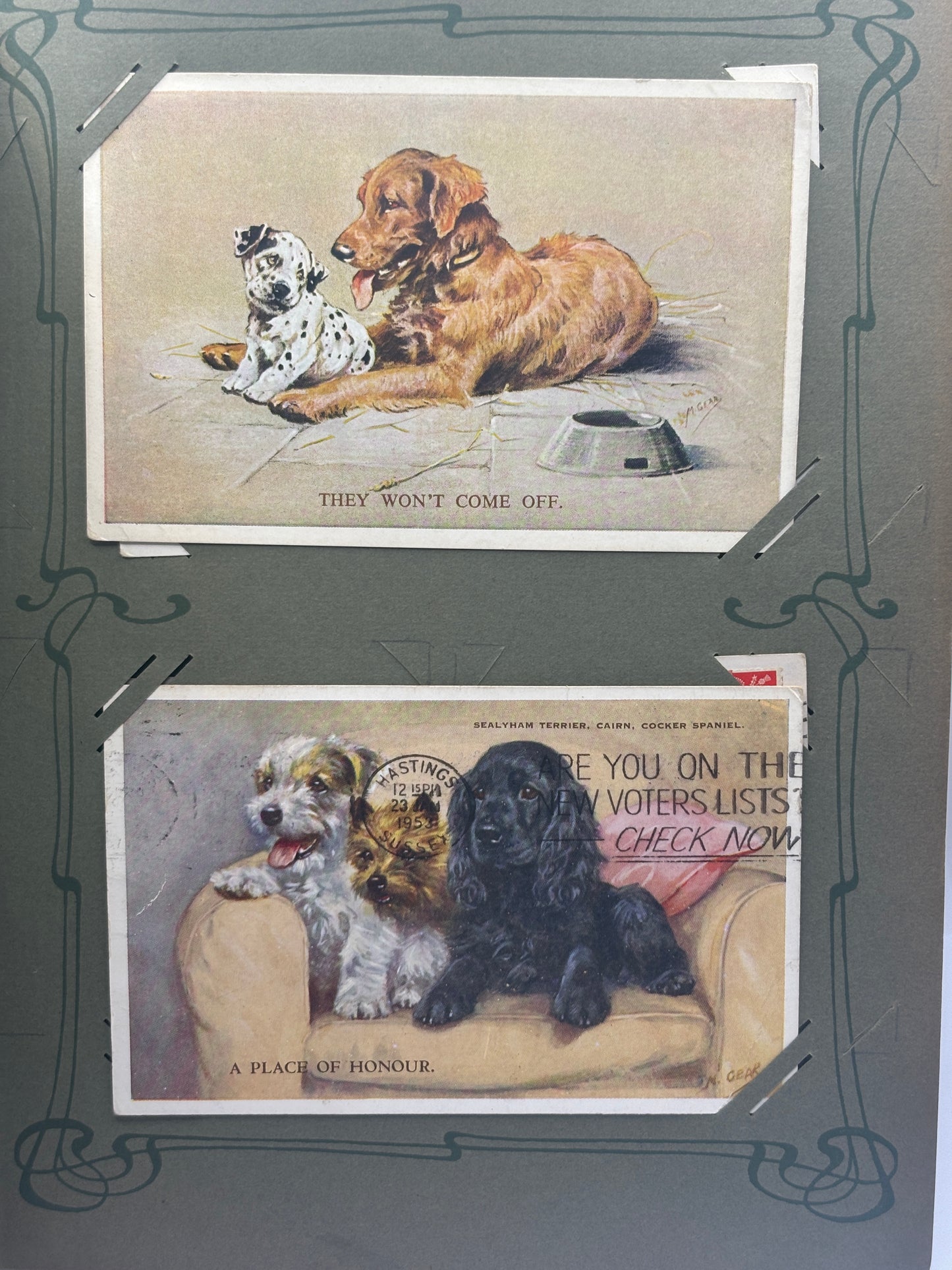 Old postcard album, dogs & cats. 158 postcards