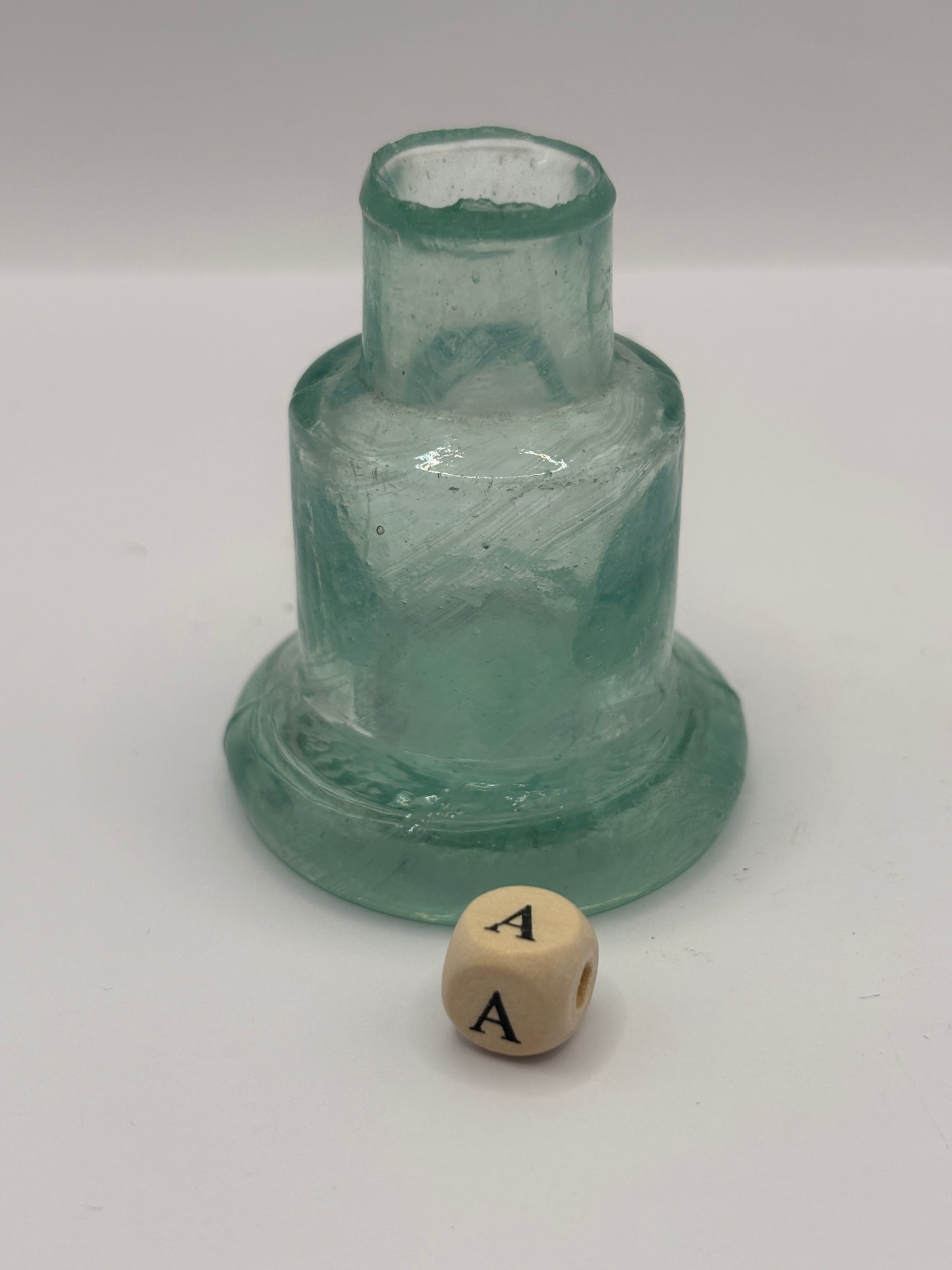 Old aqua glass advertising inkwell, bell ink. Stephen’s ink (a)