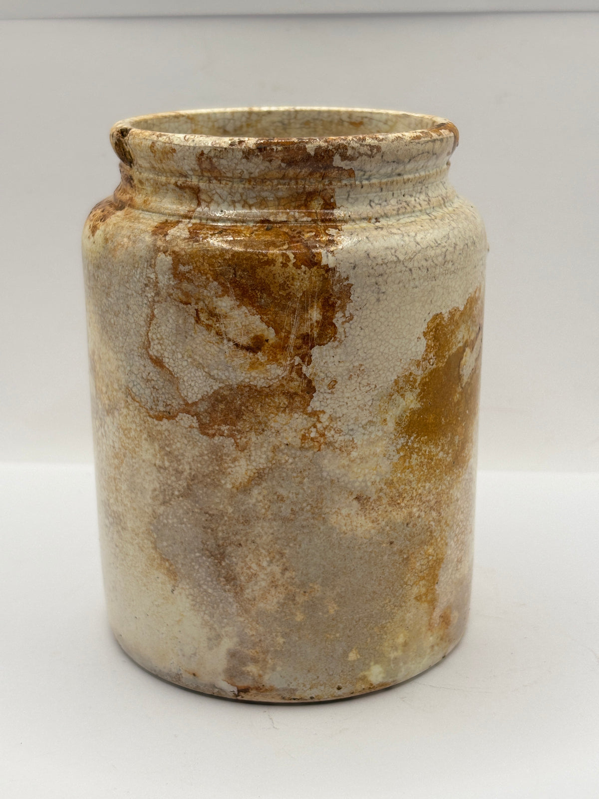Old 1lb rolled top stoneware jam pot stained & crazed