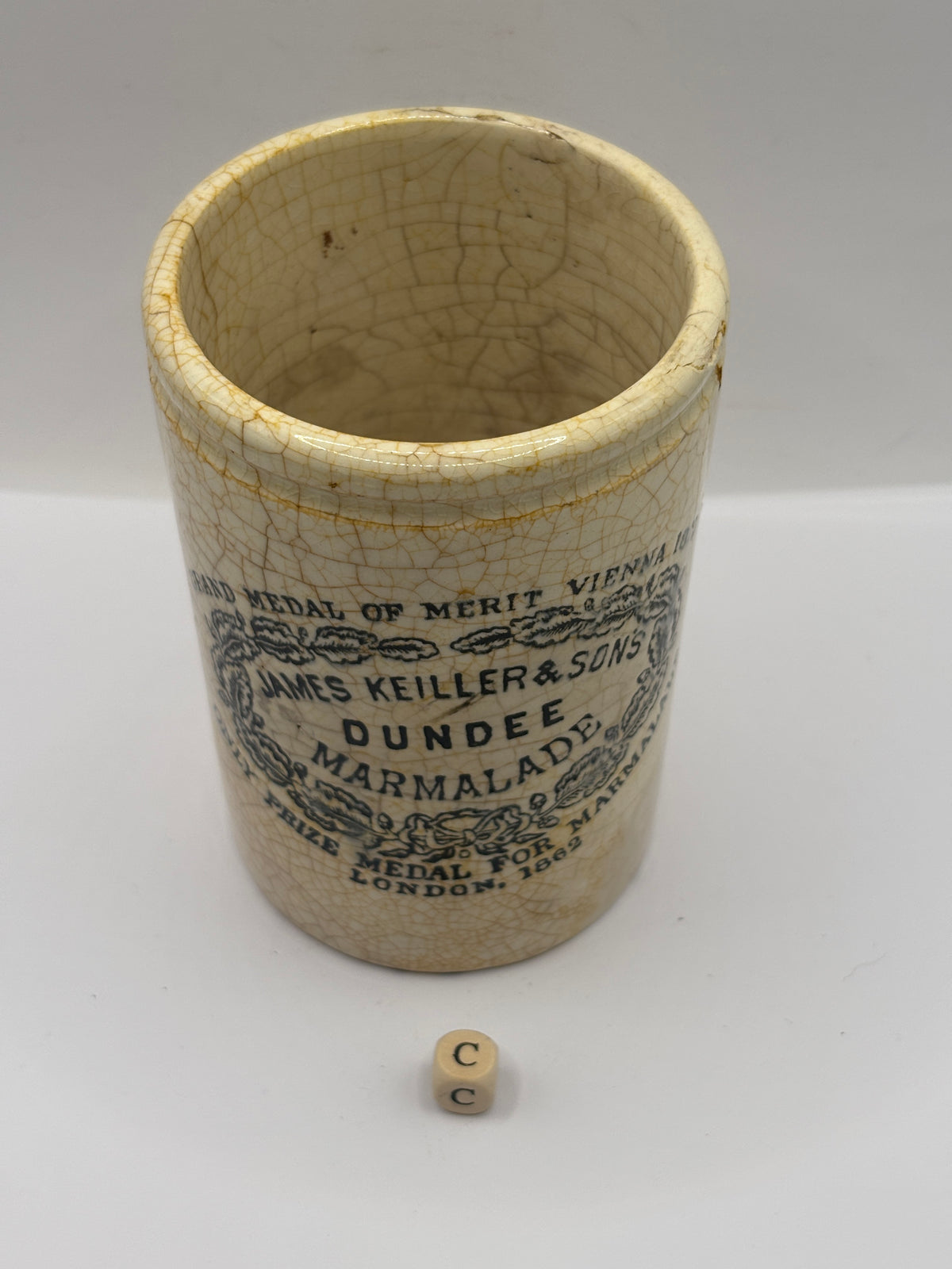 Old 1lb stoneware marmalade pot, James Keiller Dundee marmalade (c)