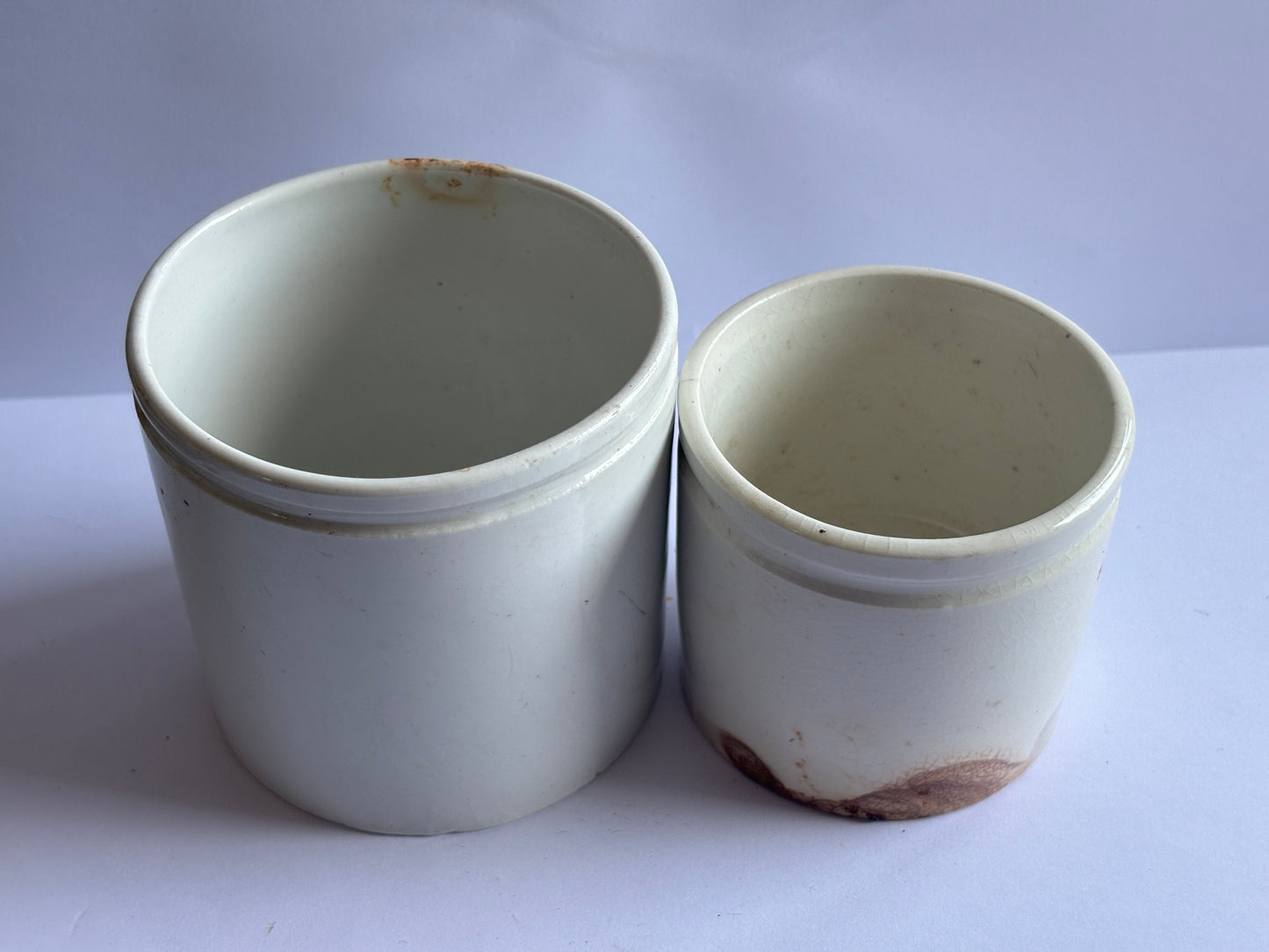2 old ironstone pots, stained & crazed