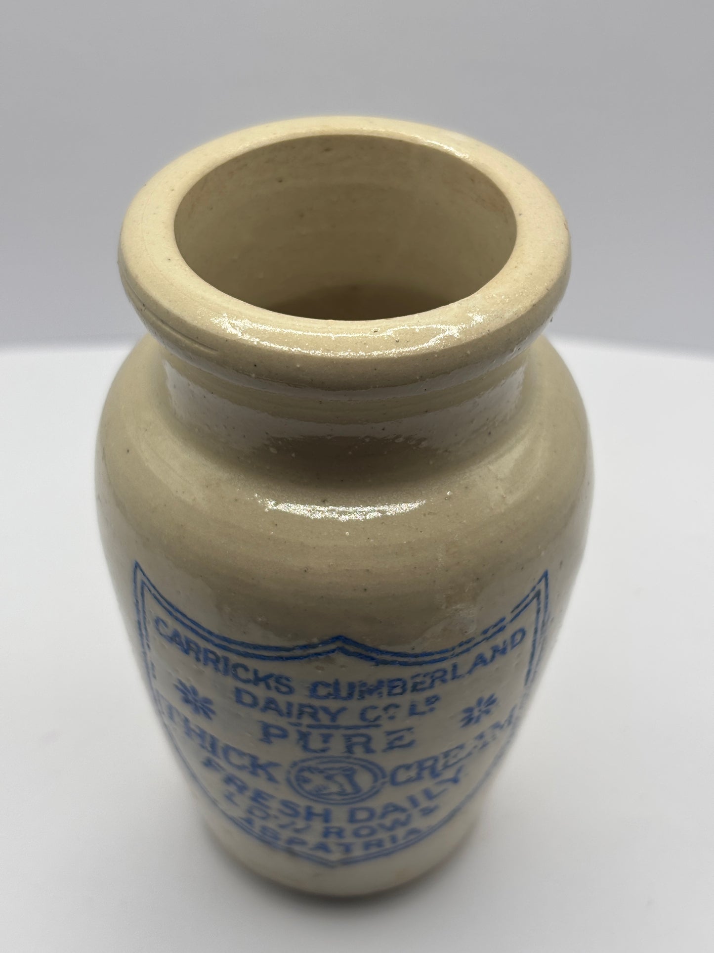 Old blue print advertising stoneware cream pot, Carricks cumberland dairy co, Pure thick cream