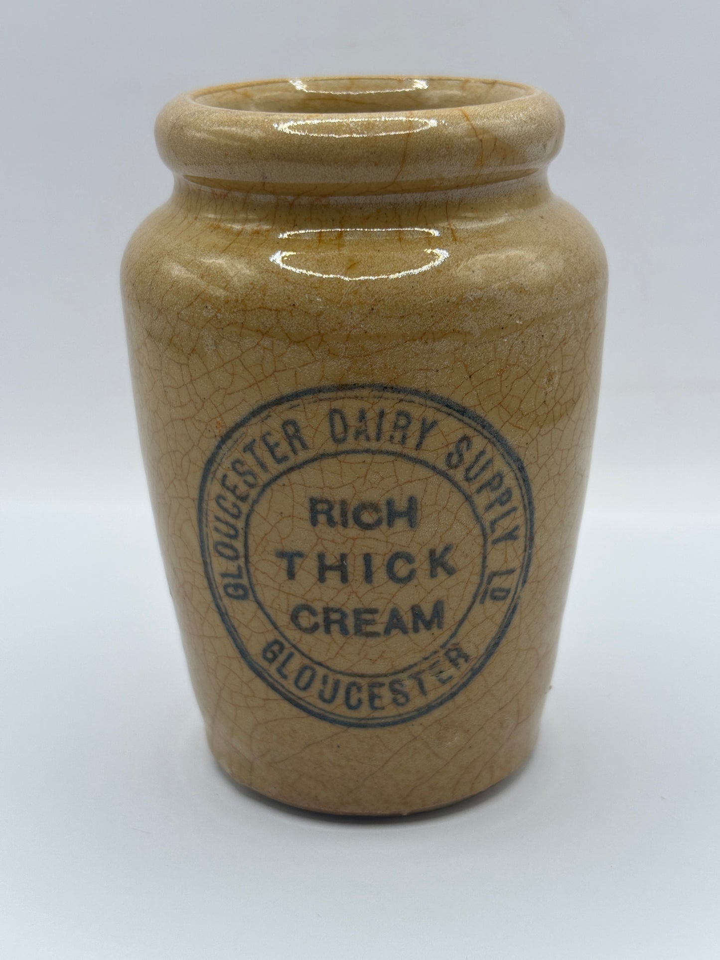Old advertising cream pot, Gloucester dairy supply. Rich thick cream