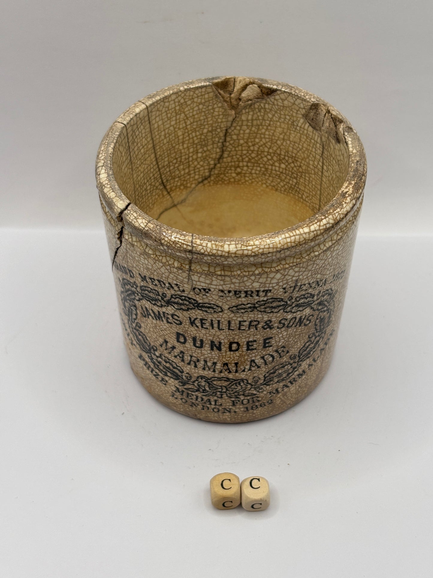 Old 1lb James Keiller Dundee marmalade Jar (cc) damaged