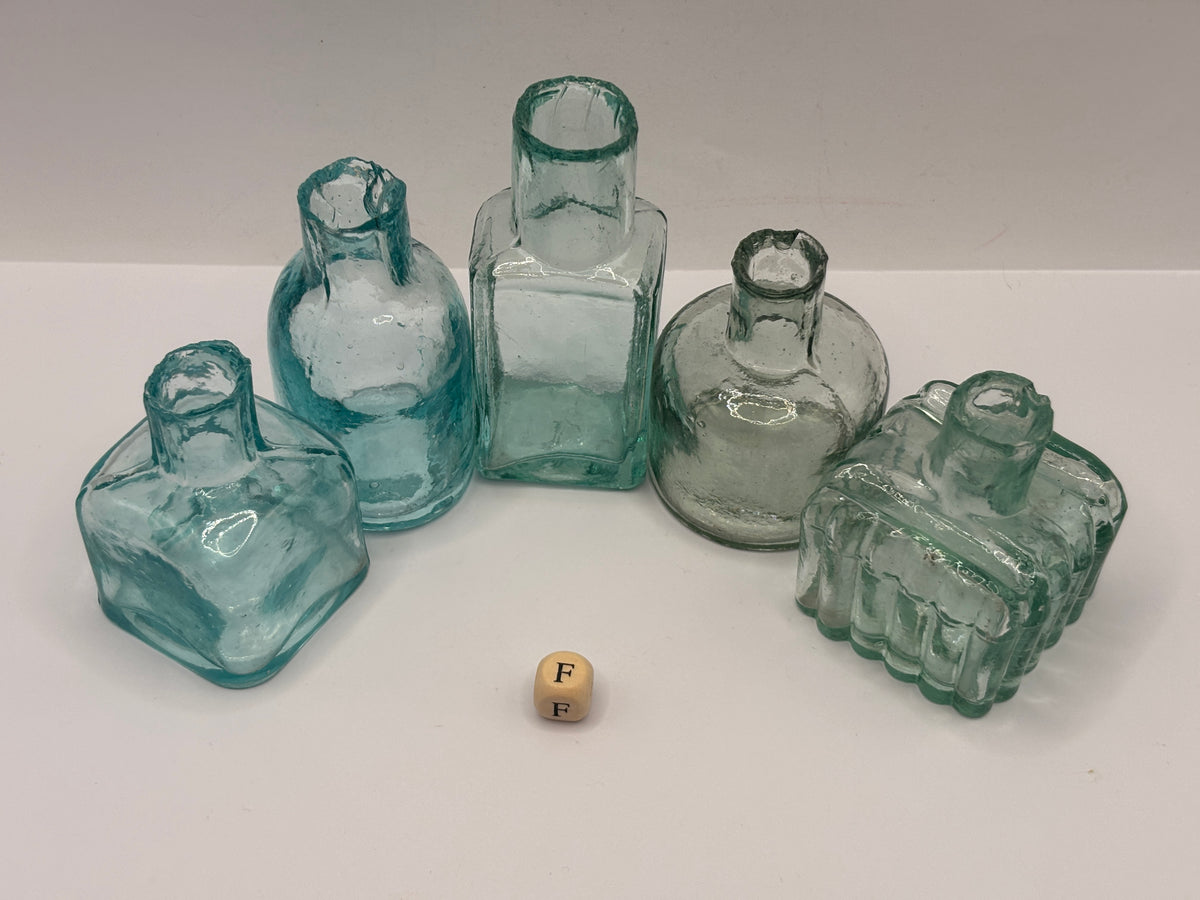 5 old aqua glass inks, inkwells, ink bottles, penny ink (f)