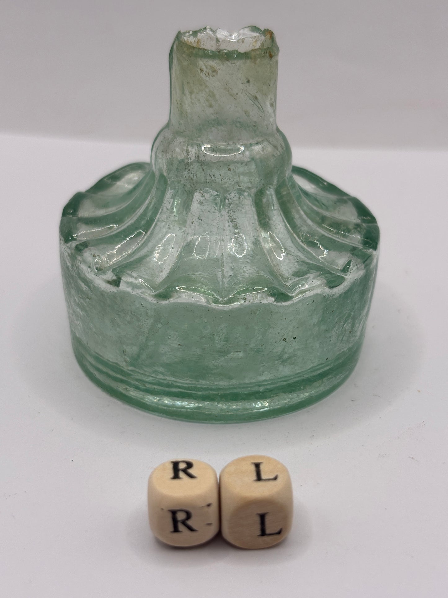 Old aqua glass tent ink, ink bottle. Inkwell (RL) diamond registration to base. Circus tent ink