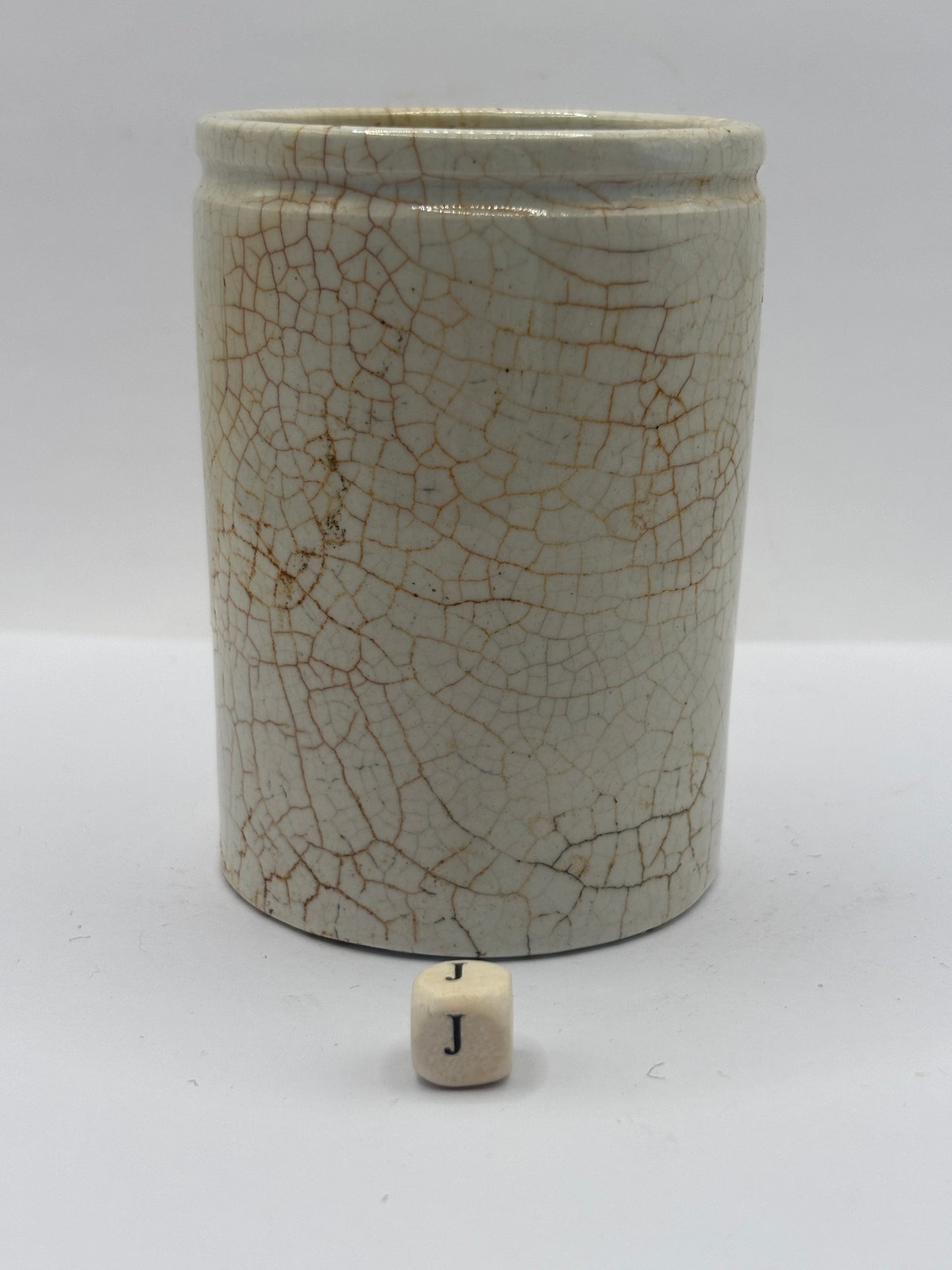 Old stained & crazed stoneware pot (J)