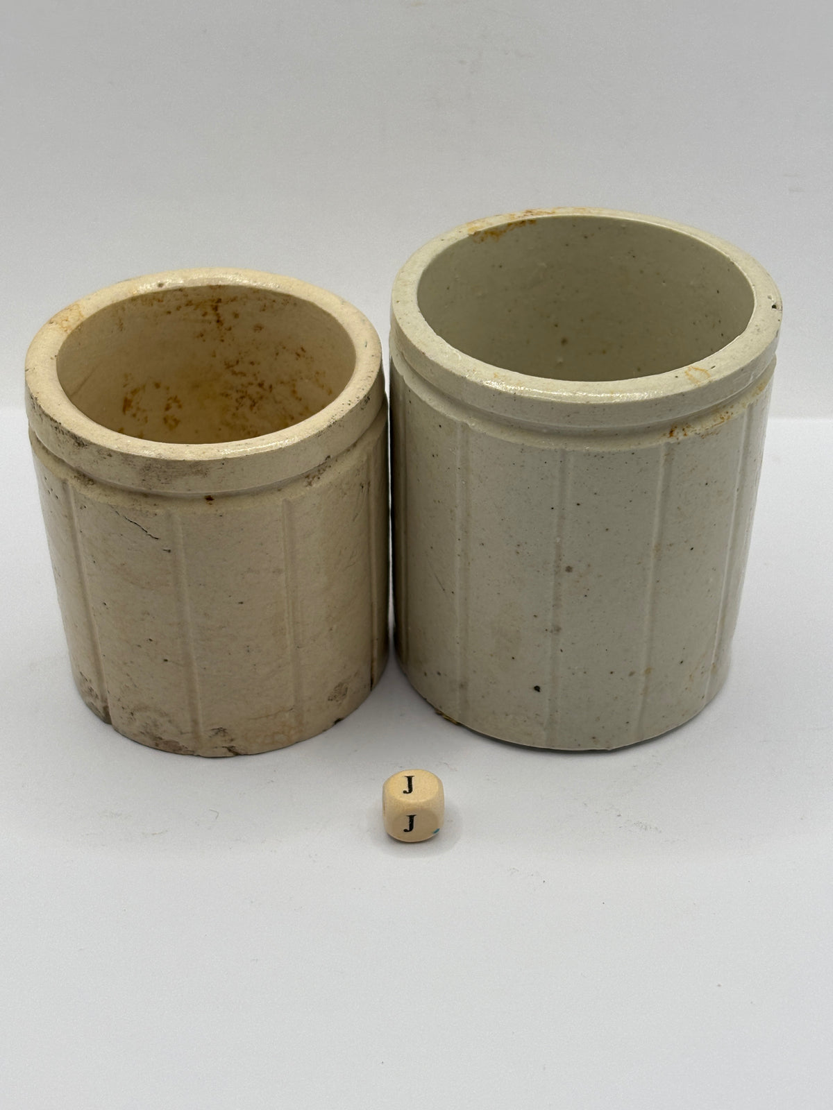 2 Old mini ribbed stoneware jam pots (J)