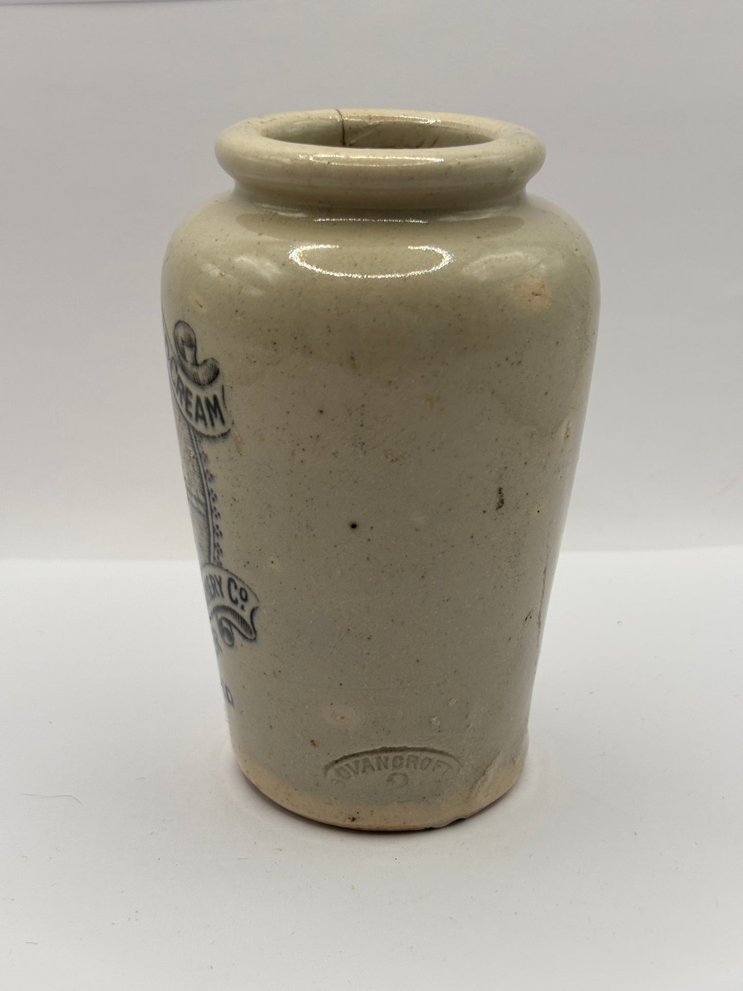 Old advertising cream pot, Rich preserved cream, Stranraer. Milk maid. damaged