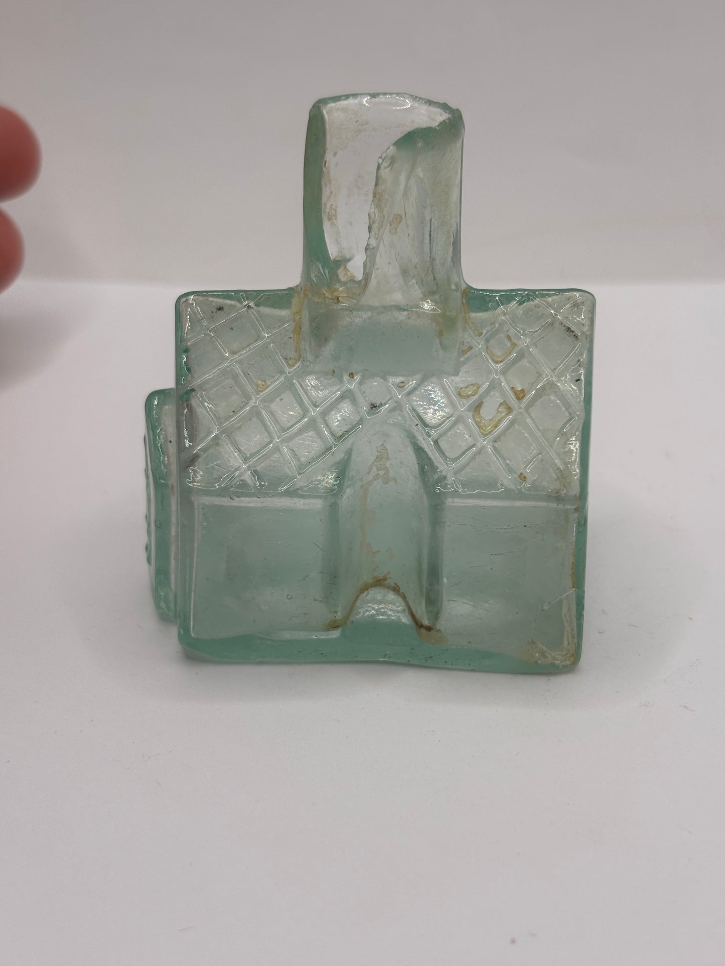 Old aqua glass cottage ink, ink bottle. Inkwell (ST) DAMAGED