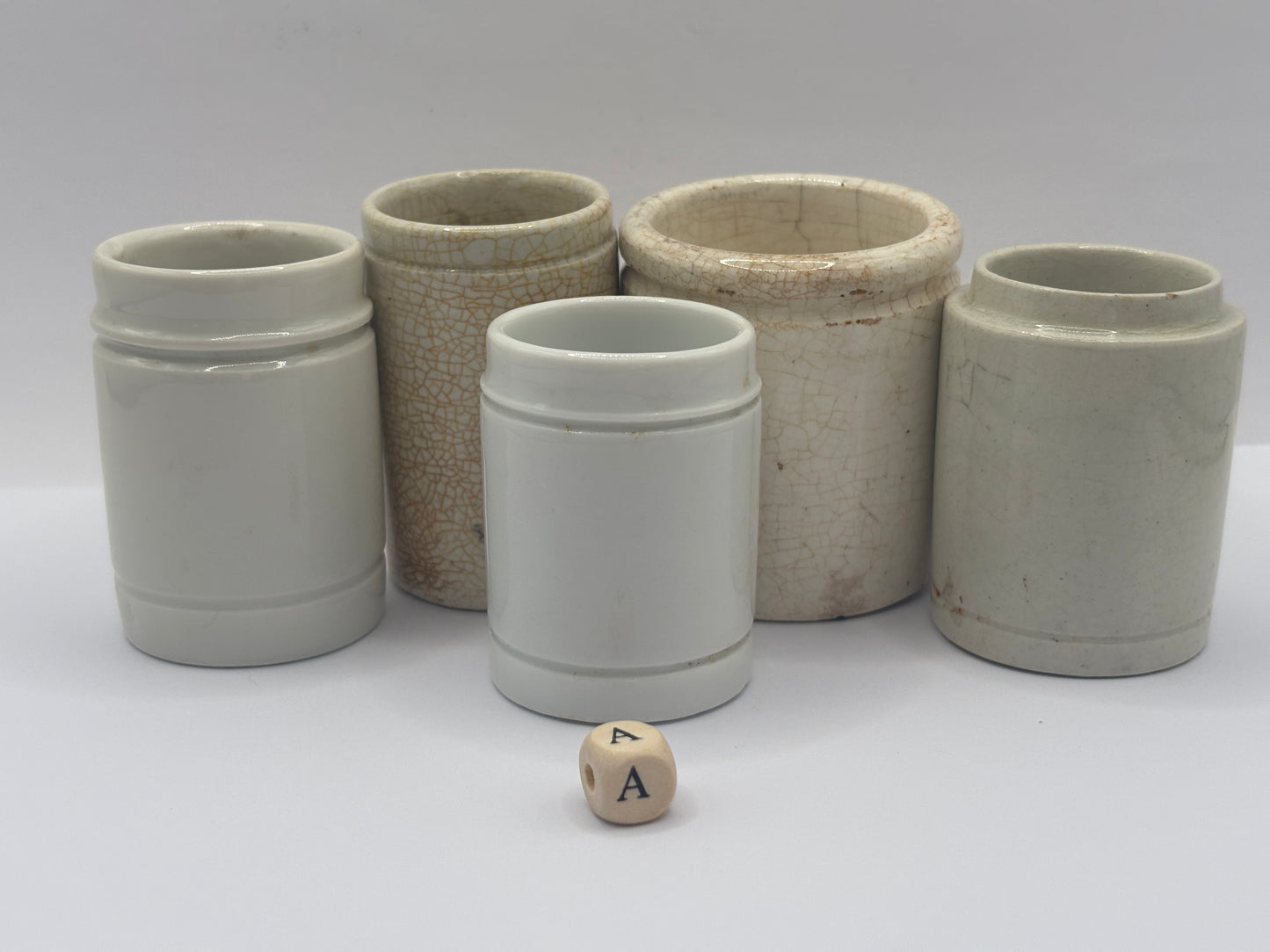 5 old white stoneware jars & pots (a)