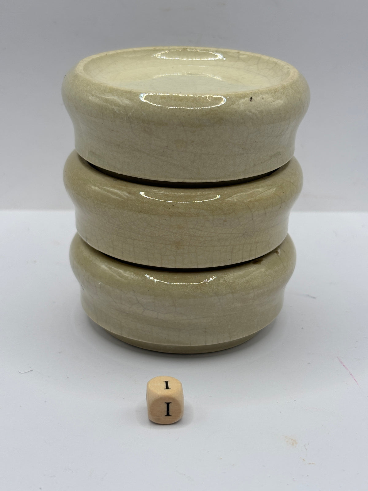 3 old stoneware pot lid bases, stackers (i)