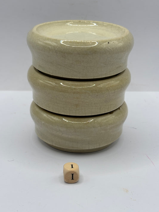3 old stoneware pot lid bases, stackers (i)