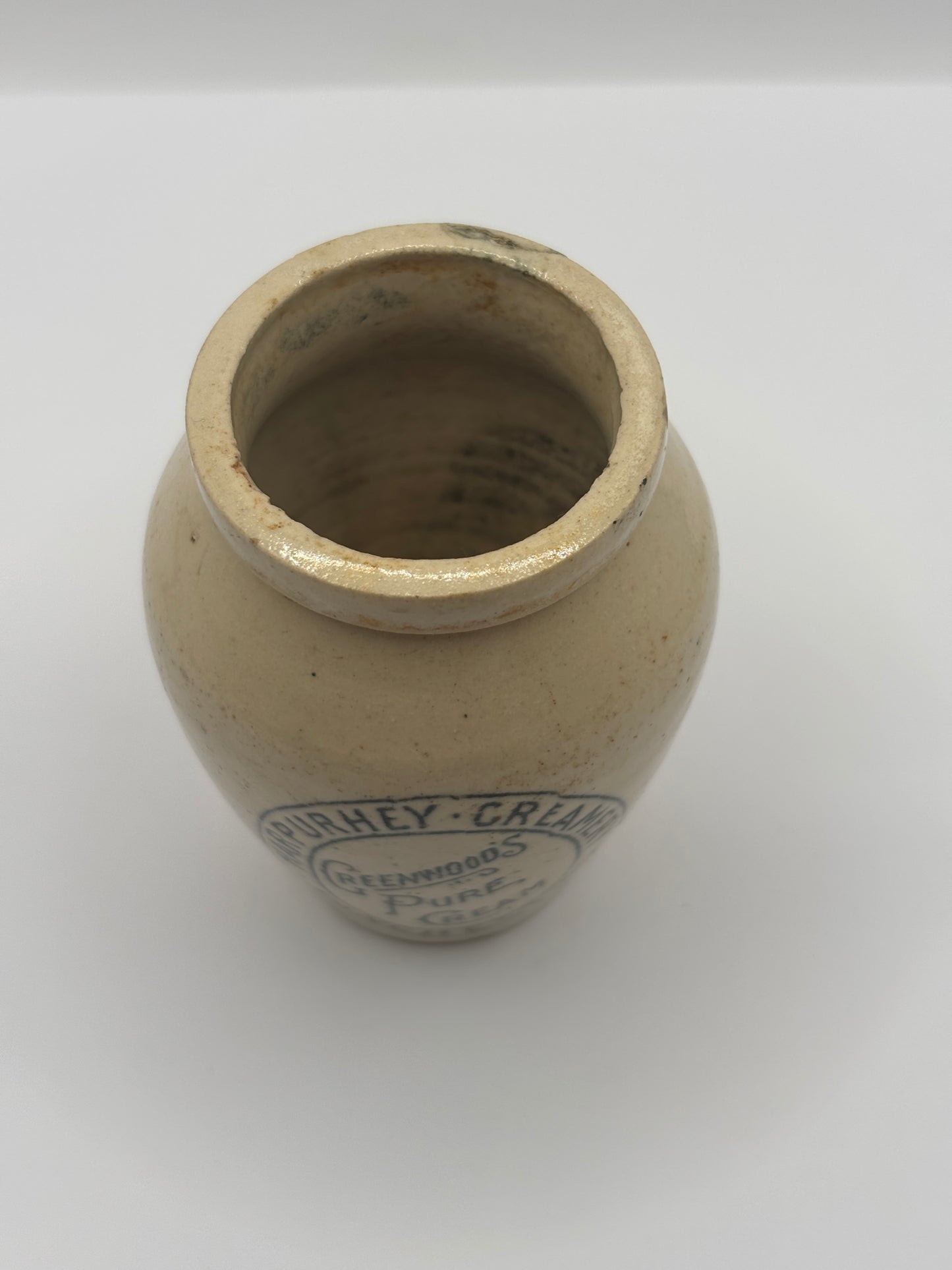 Old small advertising cream pot, Harpurhey creamery Manchester 7.5cms