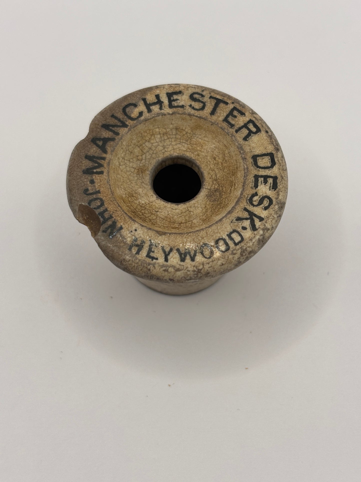 Old advertising stoneware desk inkwell, Manchester. Damaged