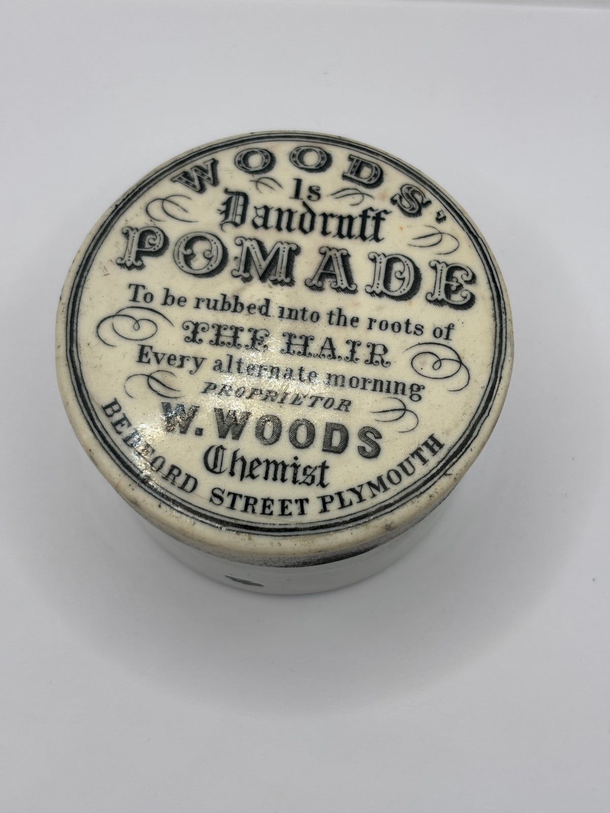 Old advertising lid and base. Woods Dandruff Pomade