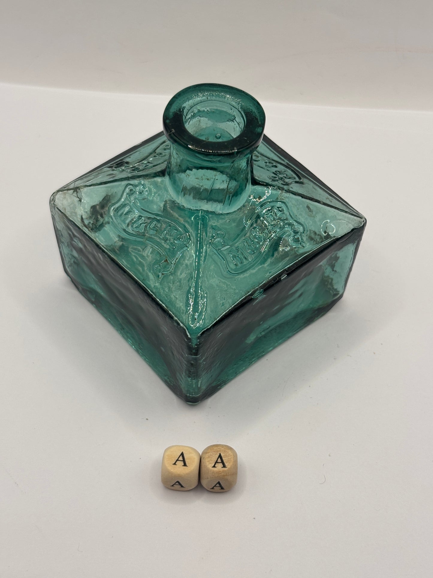 Large green advertising inkwell, ink bottle. M&Co DAMAGED (aa)