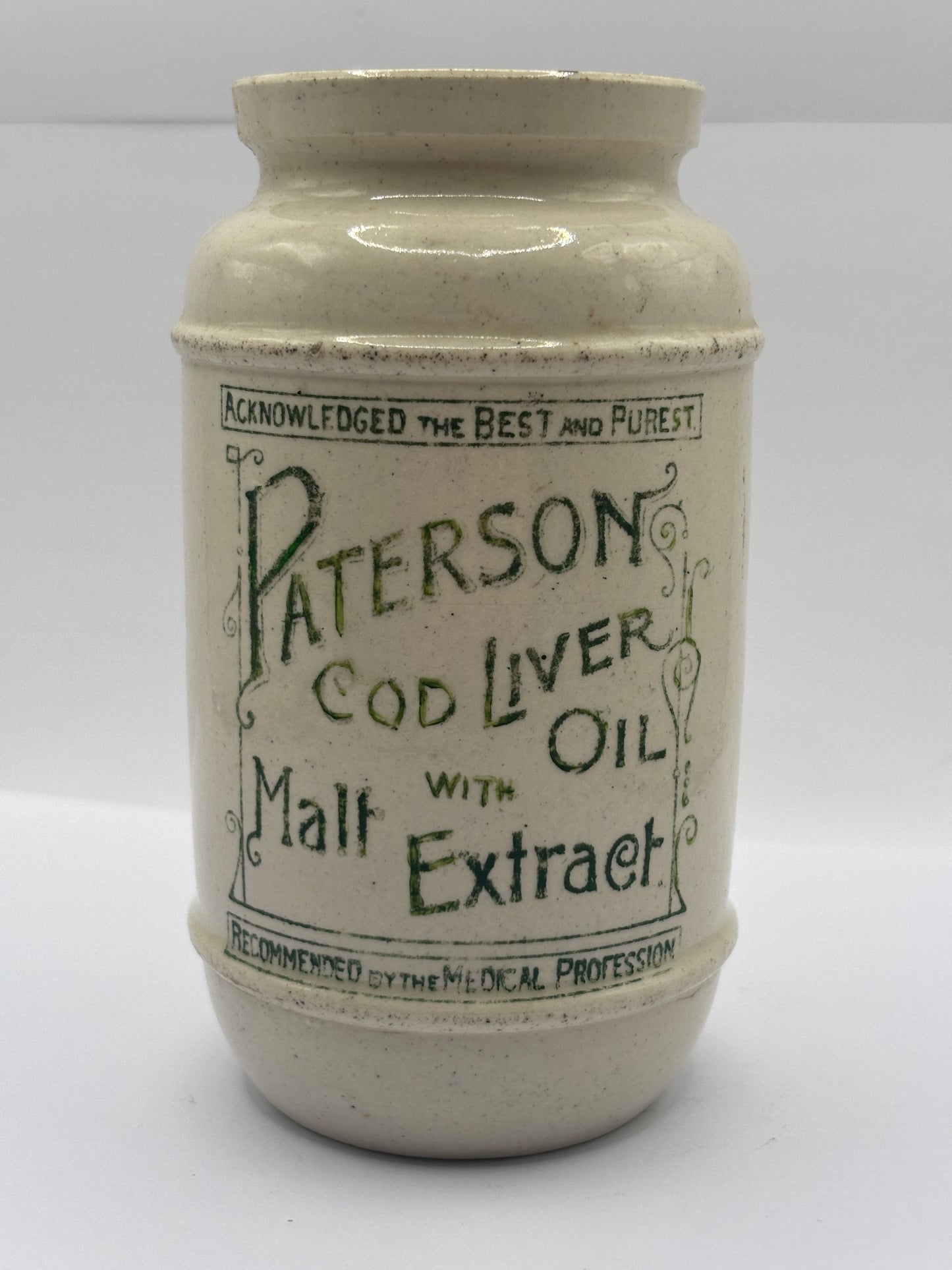 Old advertising jar, Paterson cod liver oil with malt extract jar. Repaired/damaged