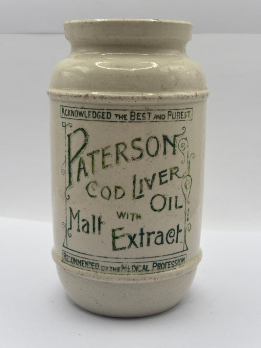 Old advertising jar, Paterson cod liver oil with malt extract jar. Repaired/damaged