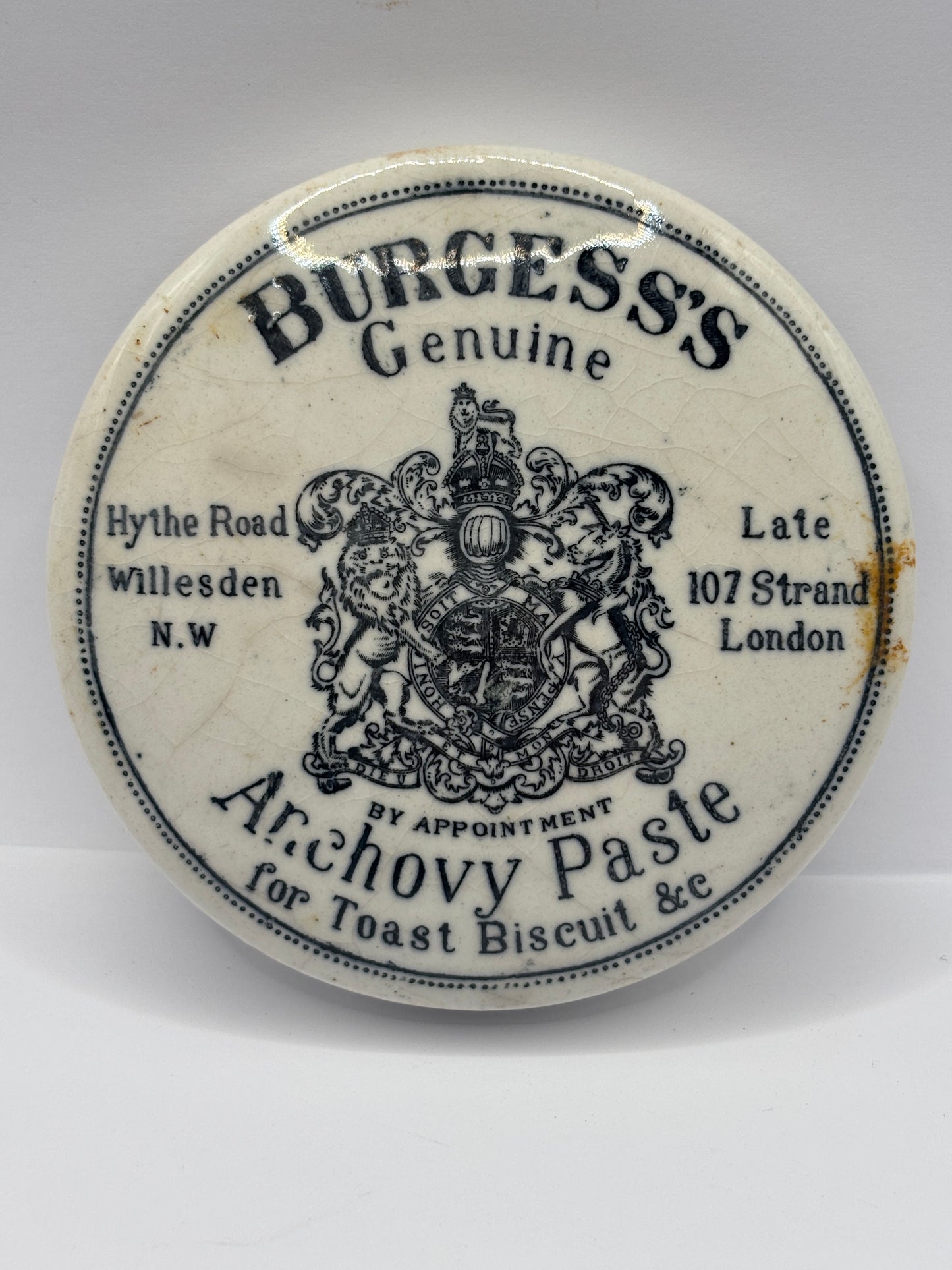 old advertising lid, Burgess’s anchovy paste. Damaged