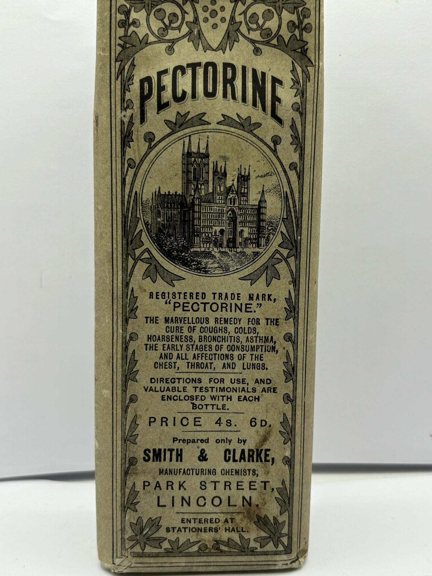 Old original boxed advertising chemist bottle, Pectorine, Park street Lincoln