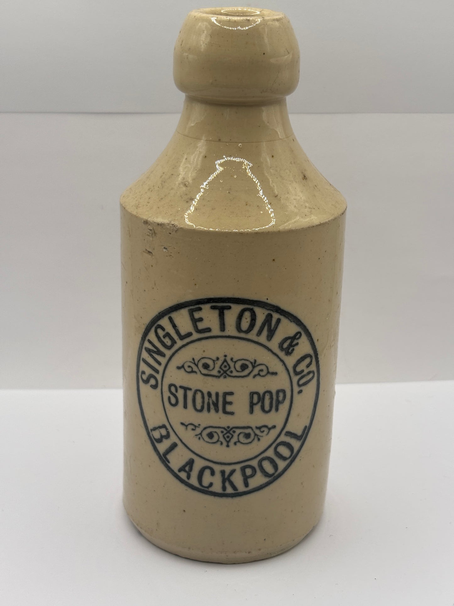 Old stoneware ginger beer bottle, Singleton & Co stone pop, Blackpool