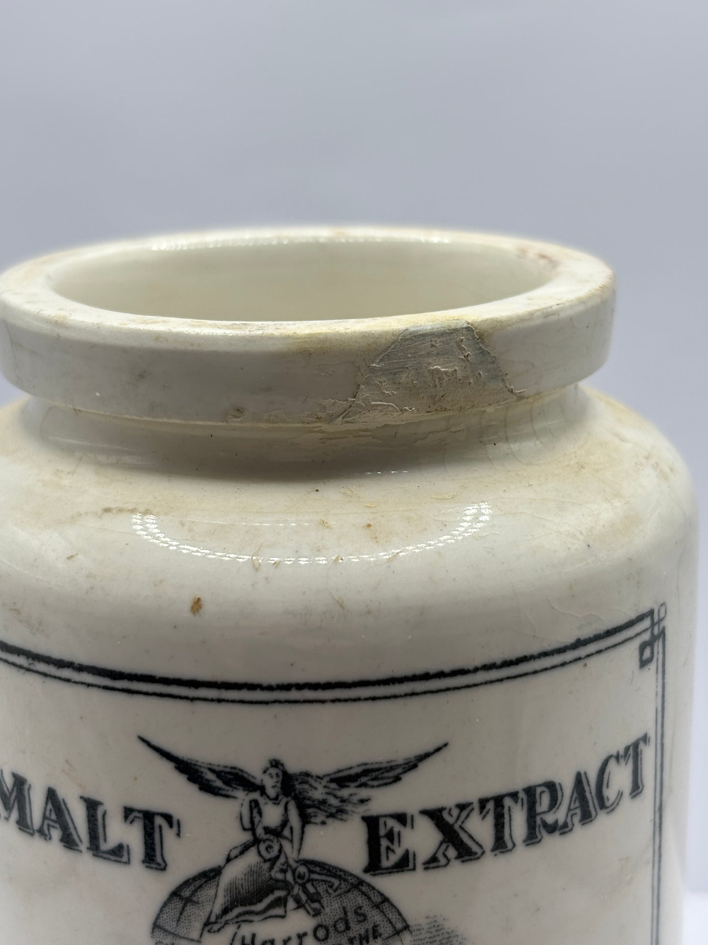Old stoneware advertising malt extract jar. Repaired