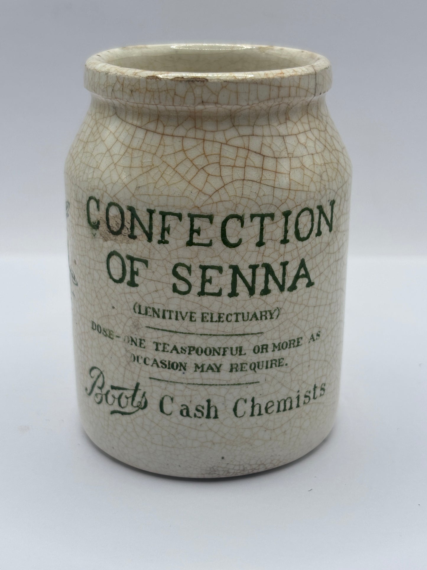 Old stoneware advertising jar, Boots confection of senna