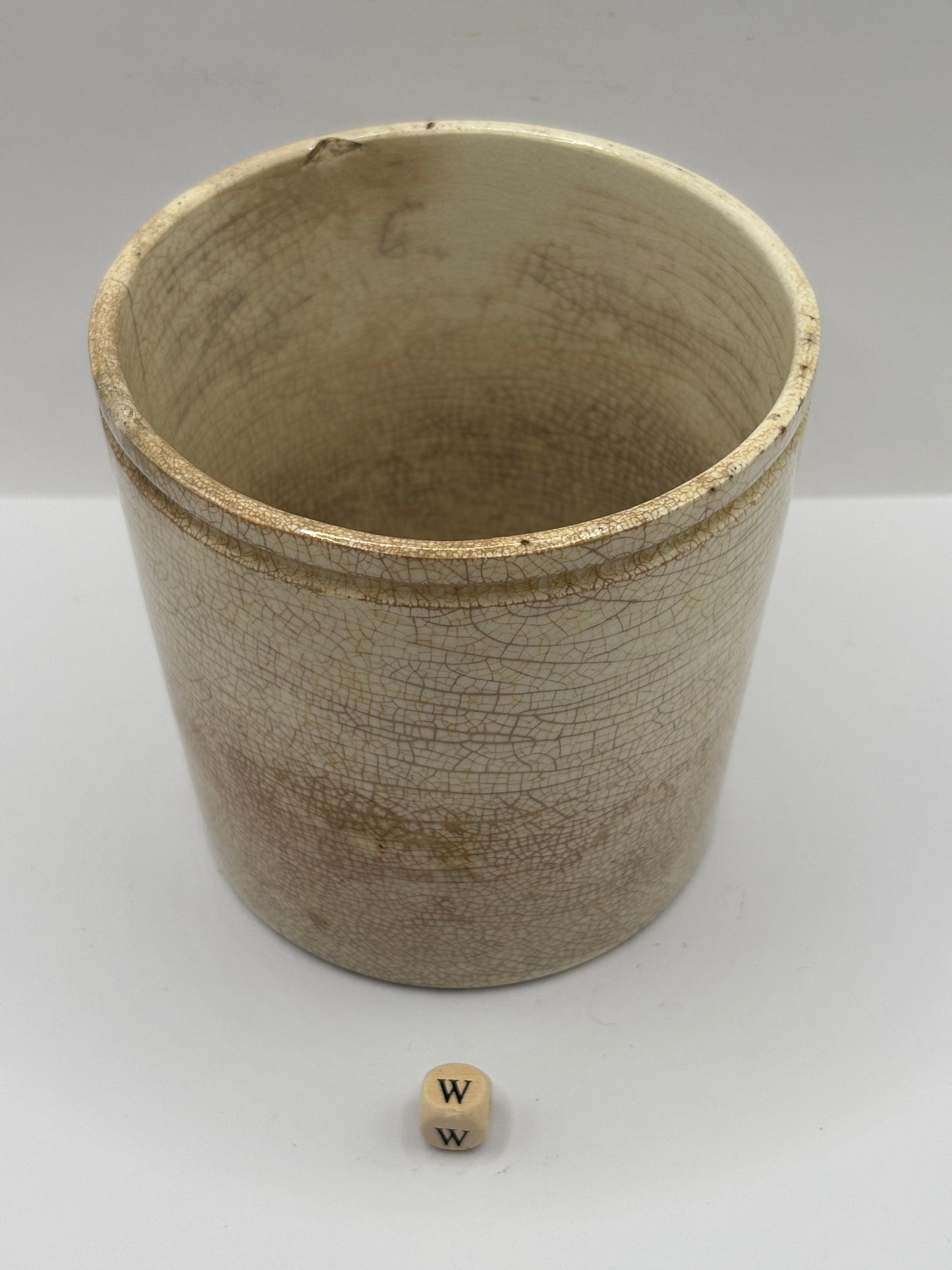 Old plain stoneware marmalade jar, super stained & crazed
