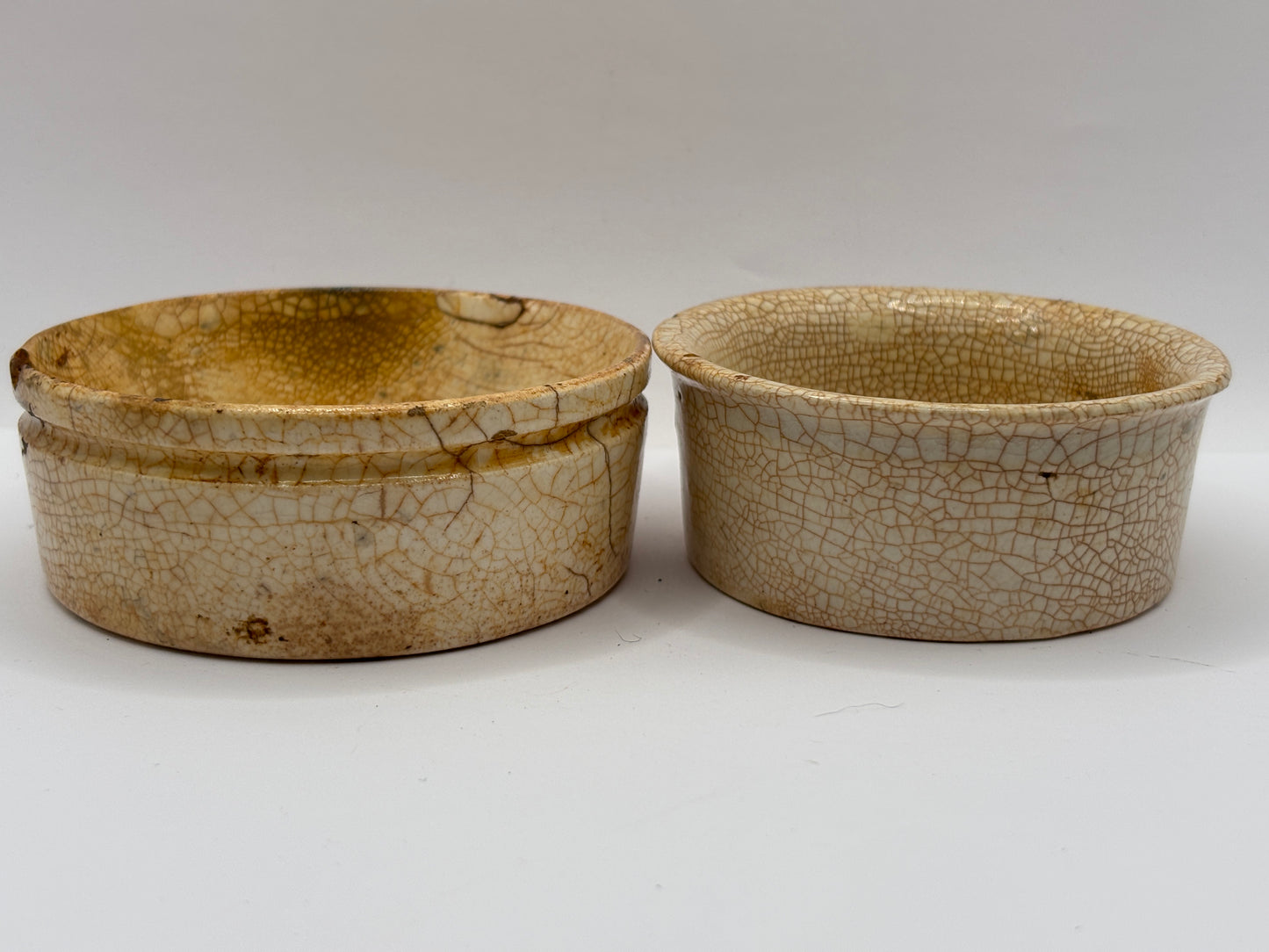 2 Old stoneware meat paste pots, potted meat. Chipped