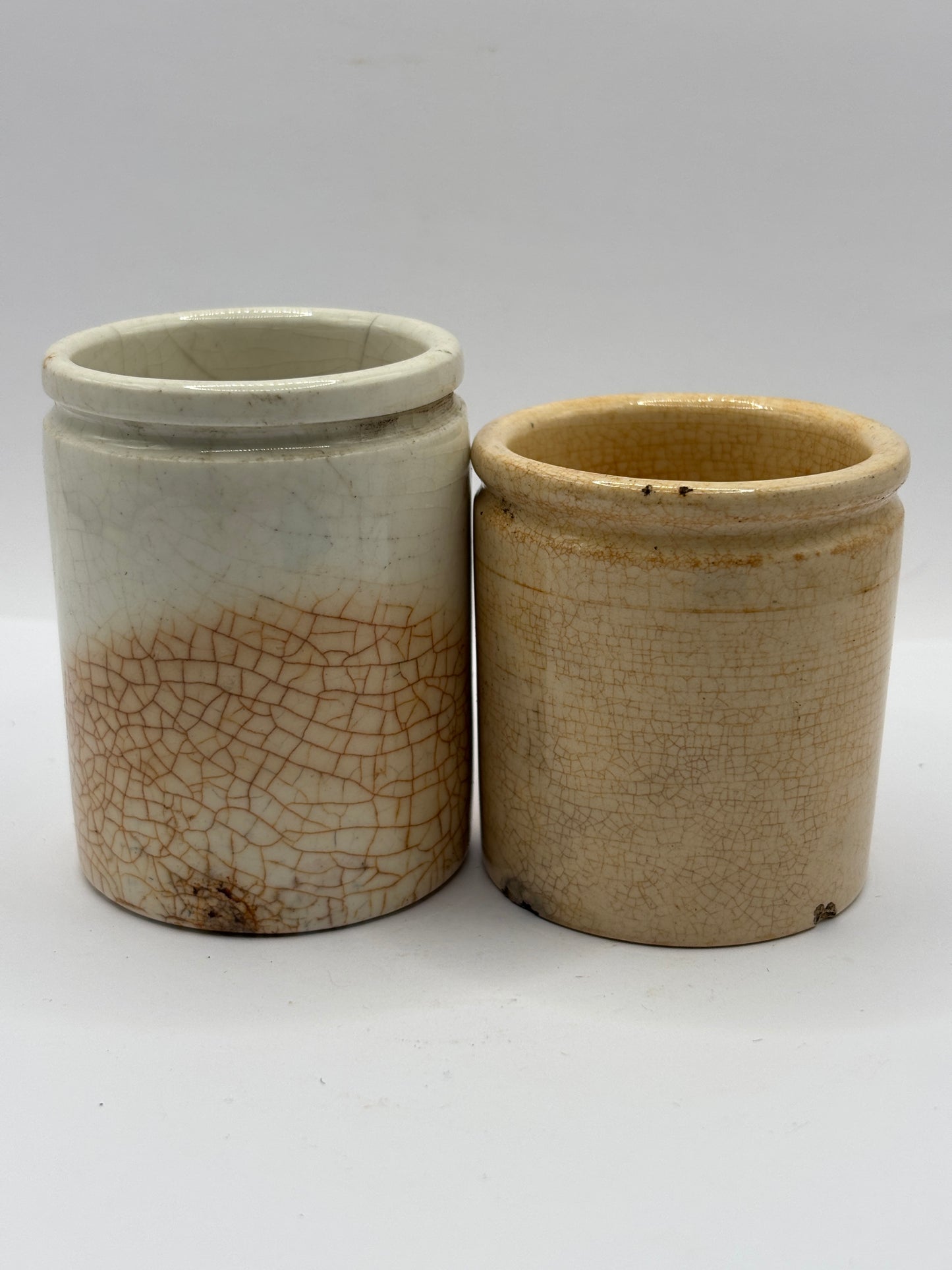 2 old stained & crazed stoneware pots