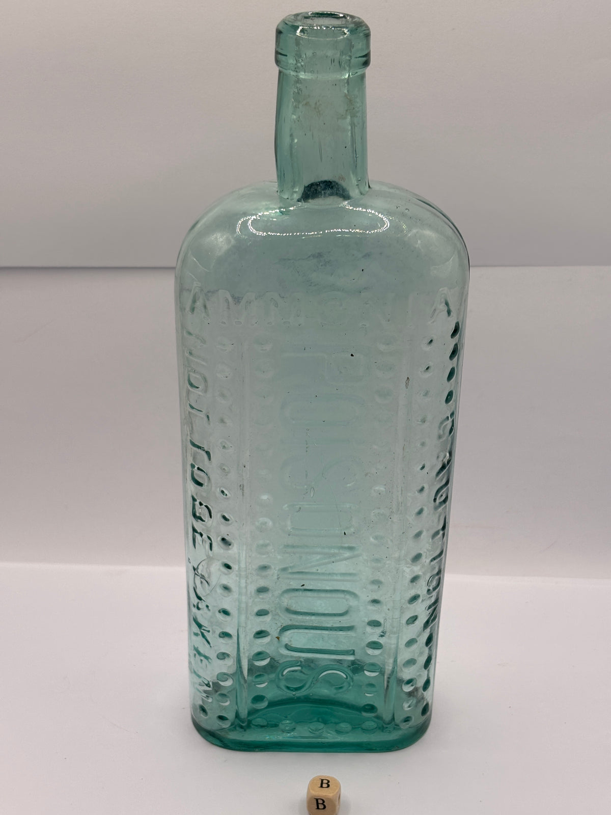 Old large aqua glass poison bottle 24cms (B)