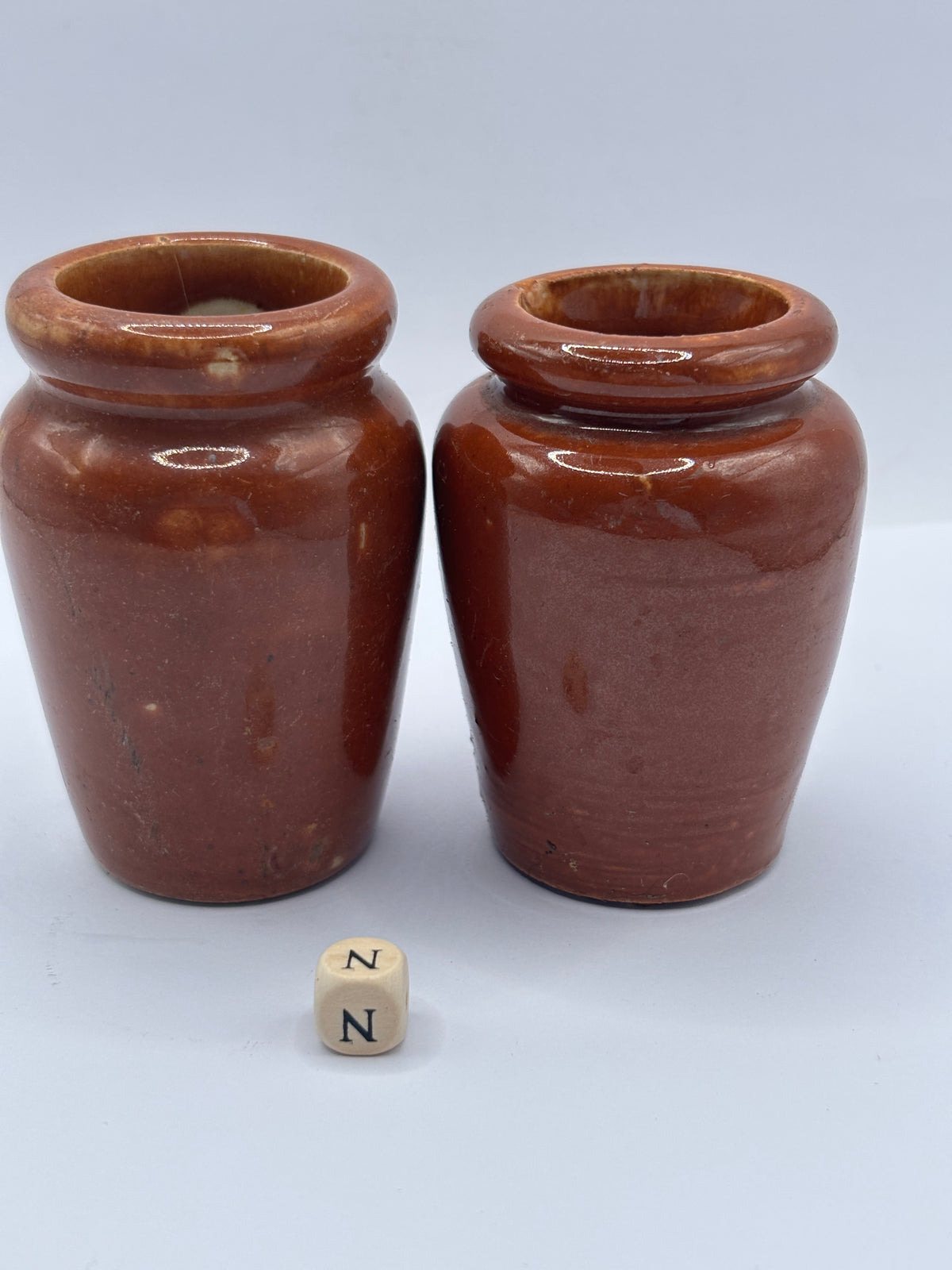 2 Old brown stoneware cream pots (N)
