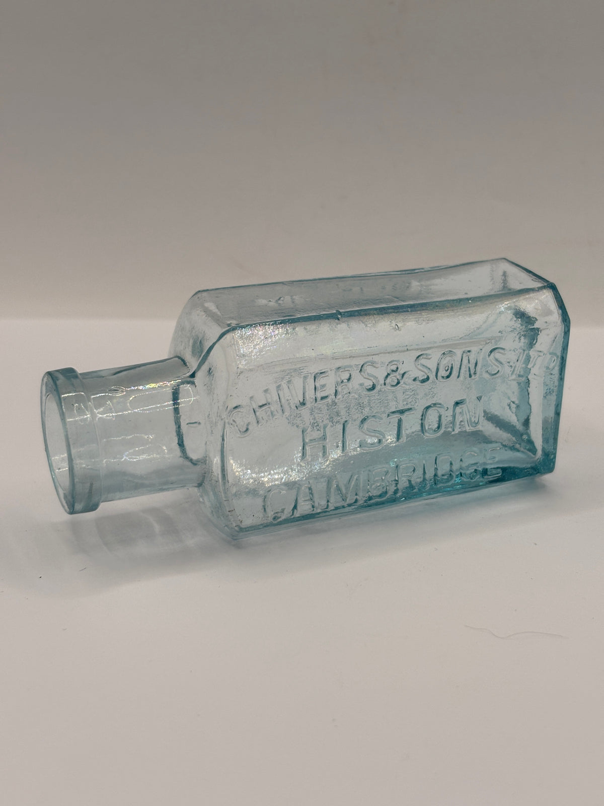 Old aqua glass advertising bottle, Chivers Lemonade