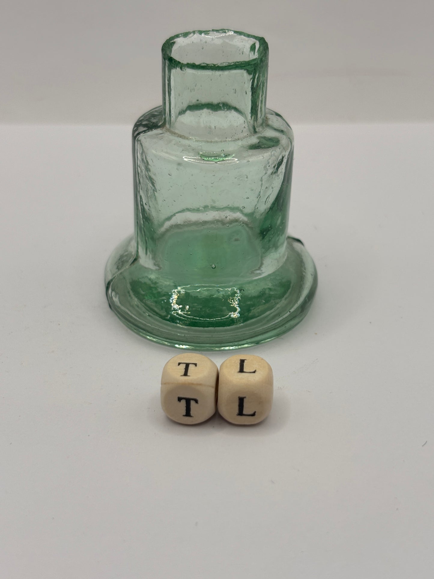 Old aqua glass inkwell, Bell ink (TL)