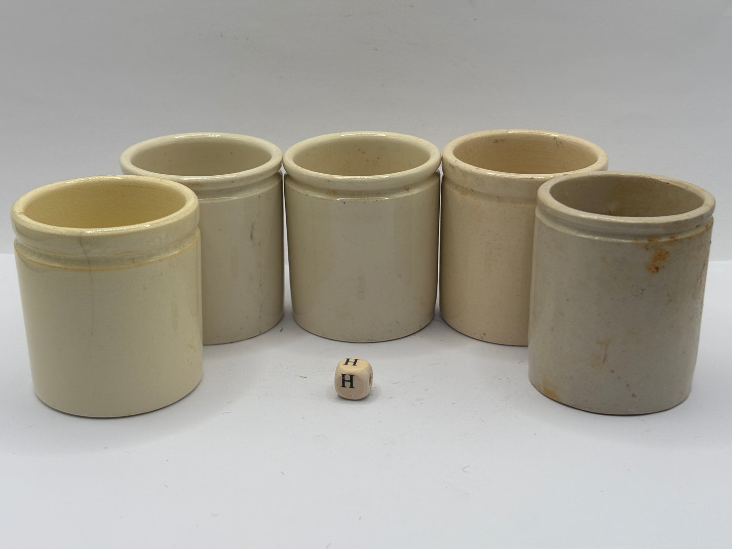 5 old white stoneware jars & pots (H)