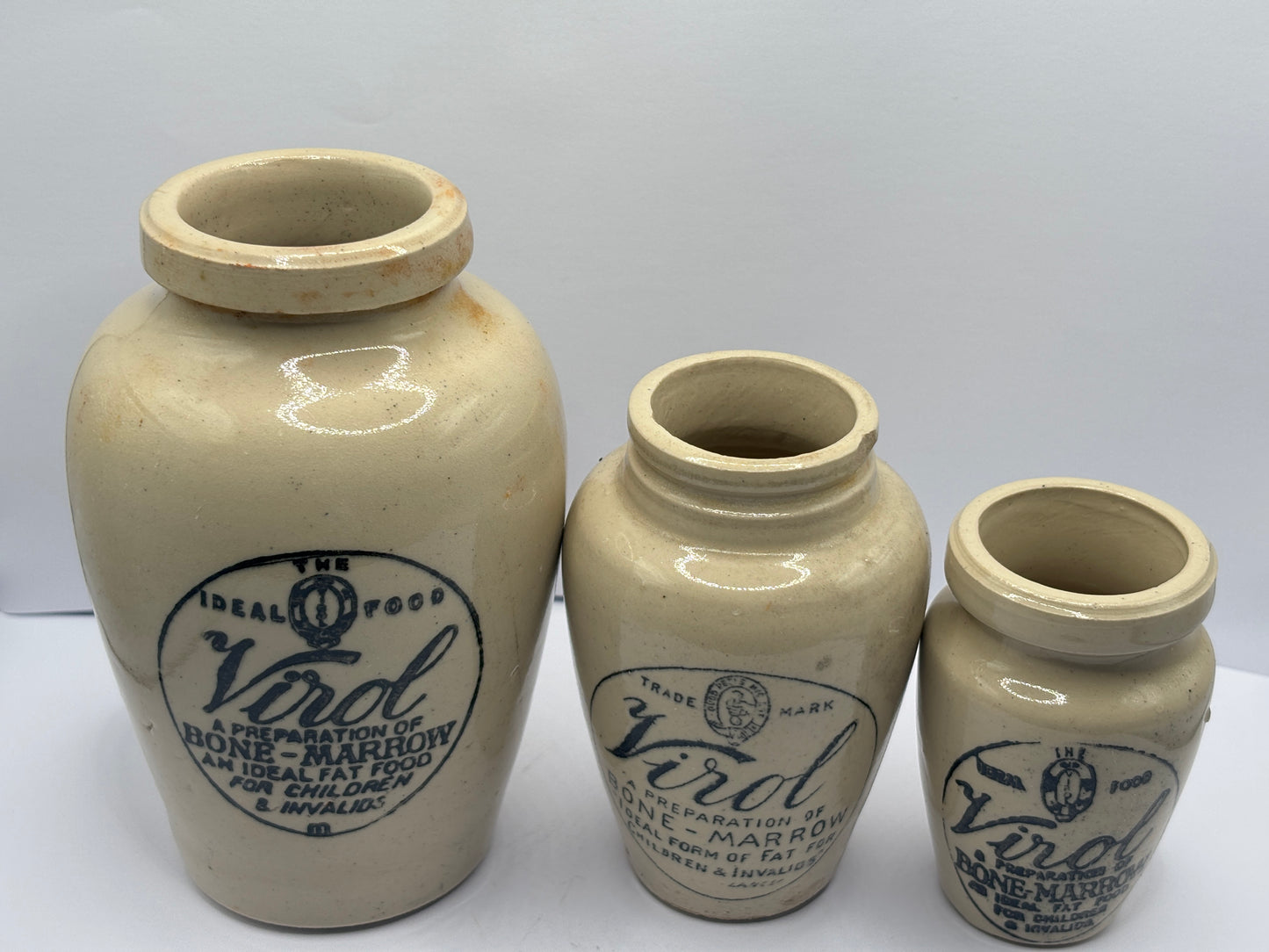 3 Old stoneware advertising Virol jars