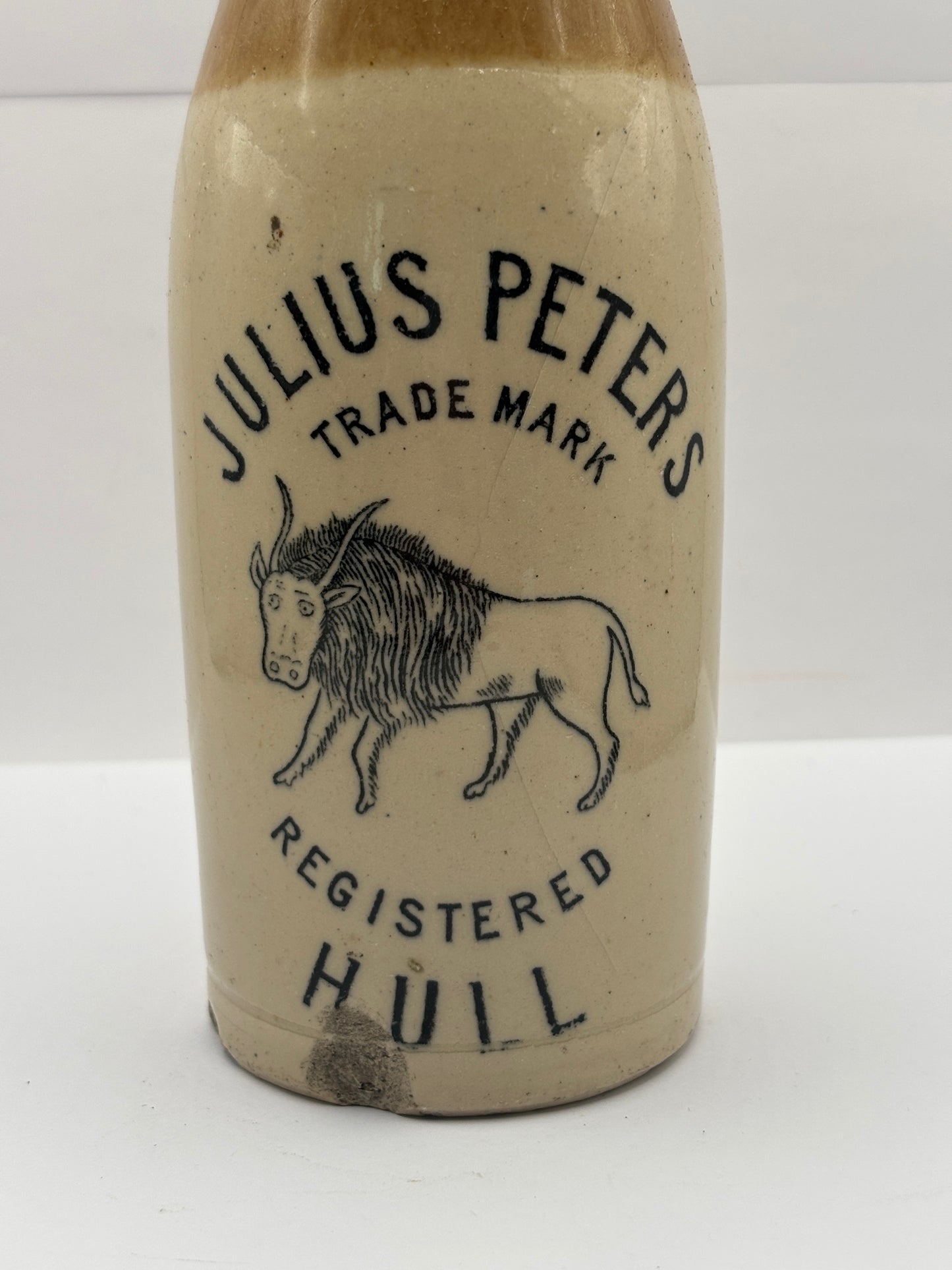 Old stoneware ginger beer bottle, damaged. Julius Peters, Hull