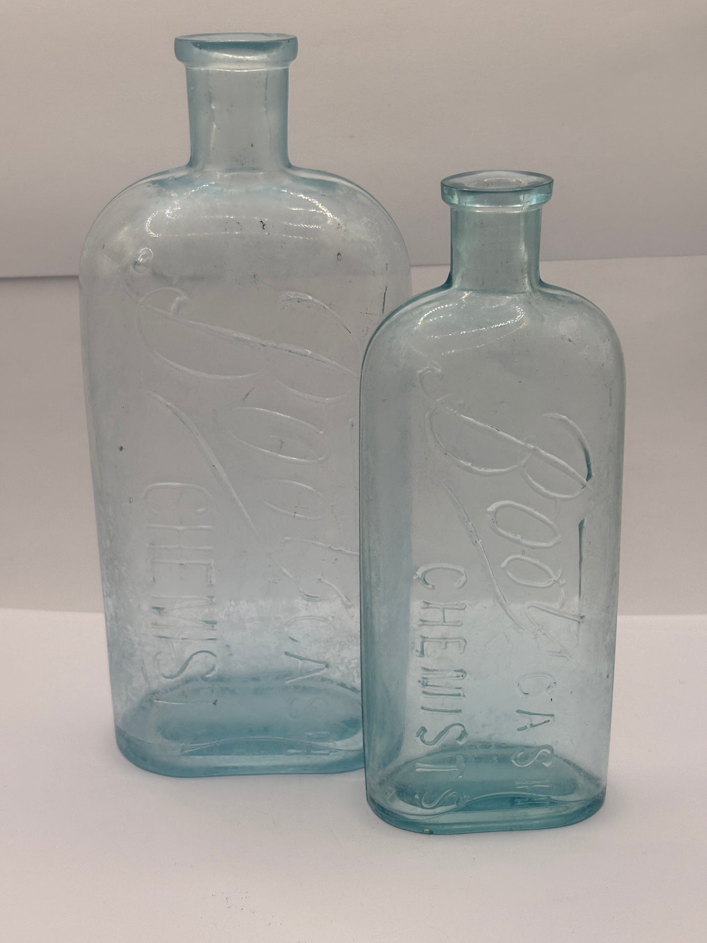 2 Old crusty glass Boots cash chemists bottles