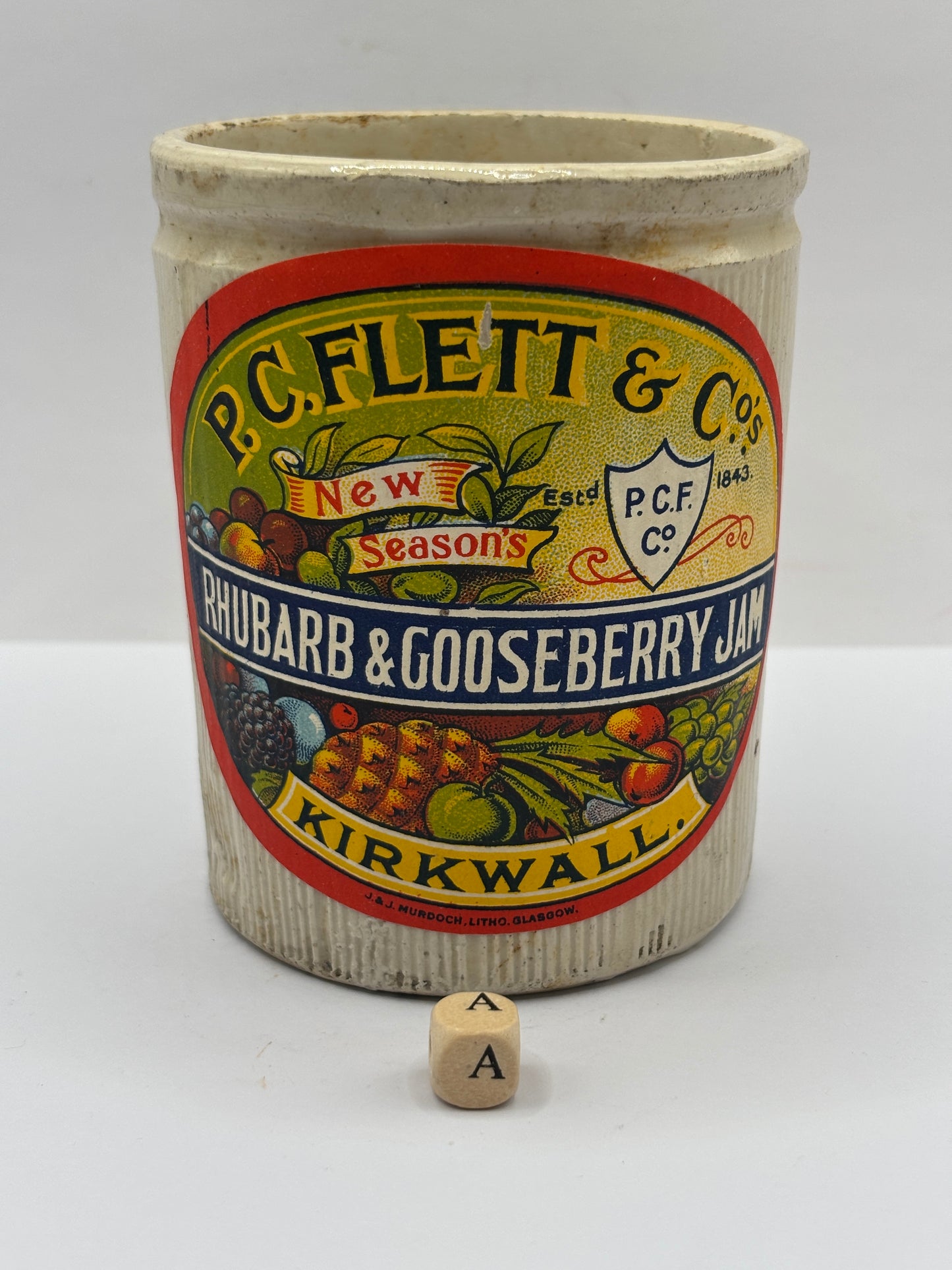 Old 1lb stoneware jam pot with added label (a)