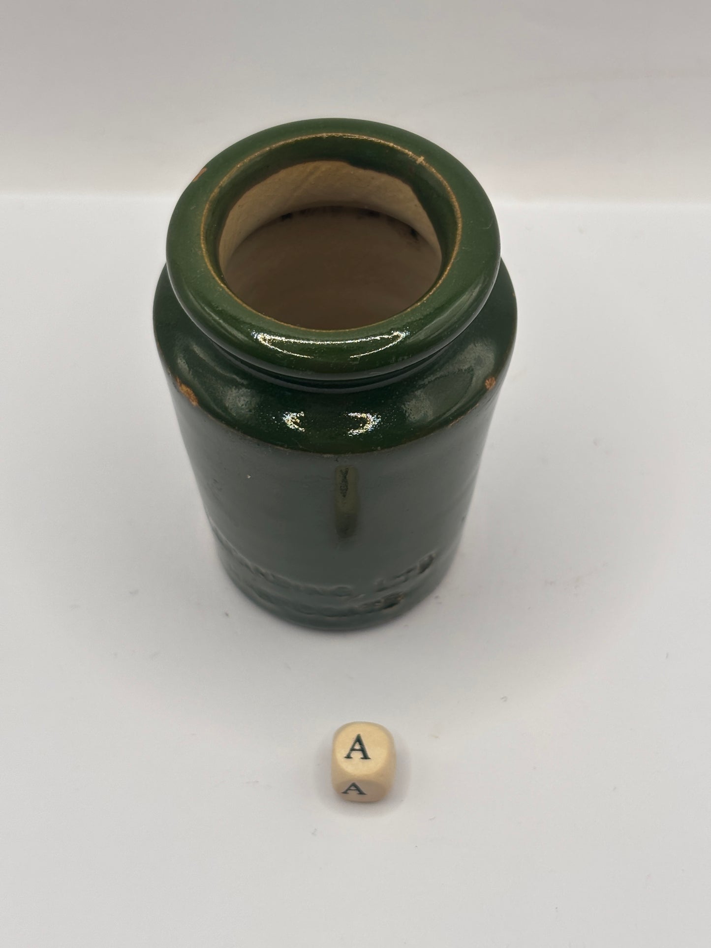 Old green stoneware Harrogate cream pot 7.5cms (a)