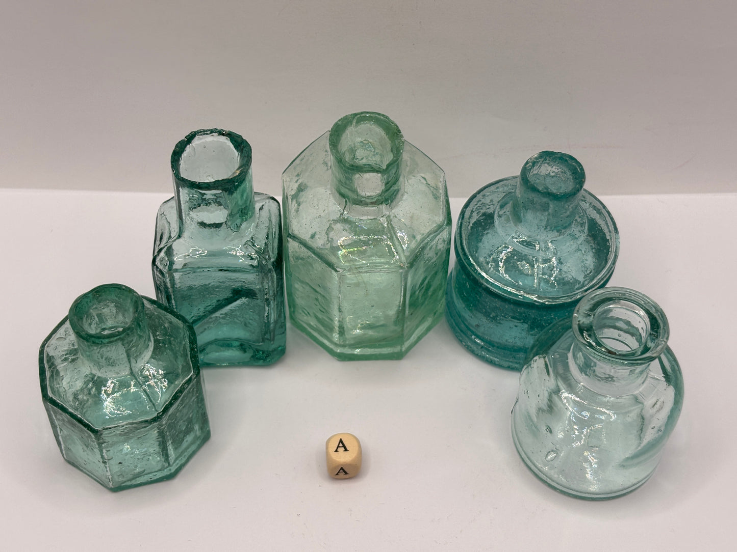 5 old aqua glass inks, inkwells, ink bottles, penny ink (a)