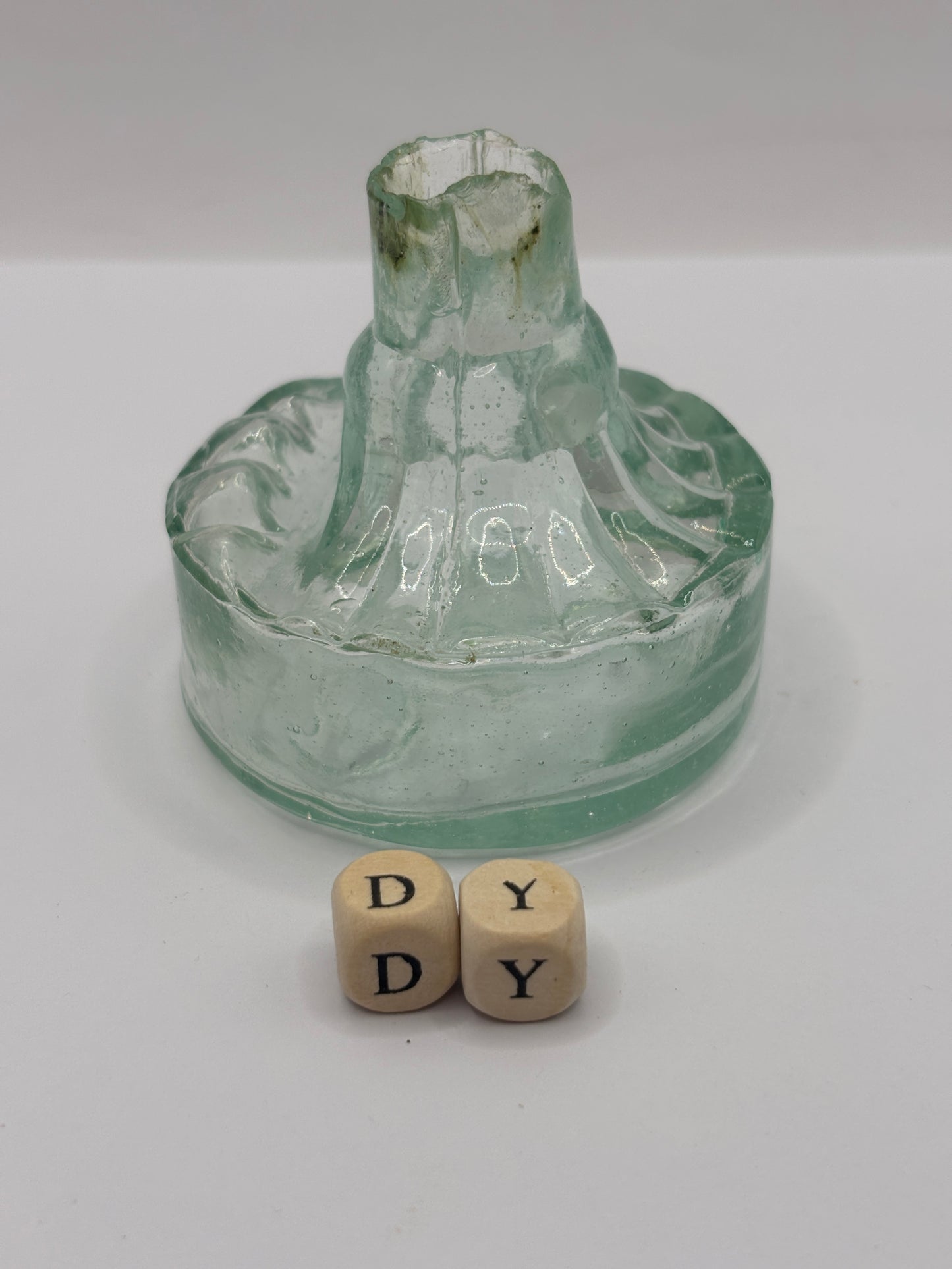 Old aqua glass tent ink, ink bottle. Inkwell (DY) diamond registration to base. Circus tent ink