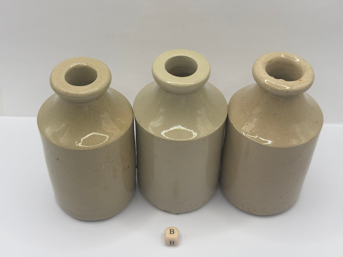 3 old off white stoneware furniture cream pots, bottles (B)