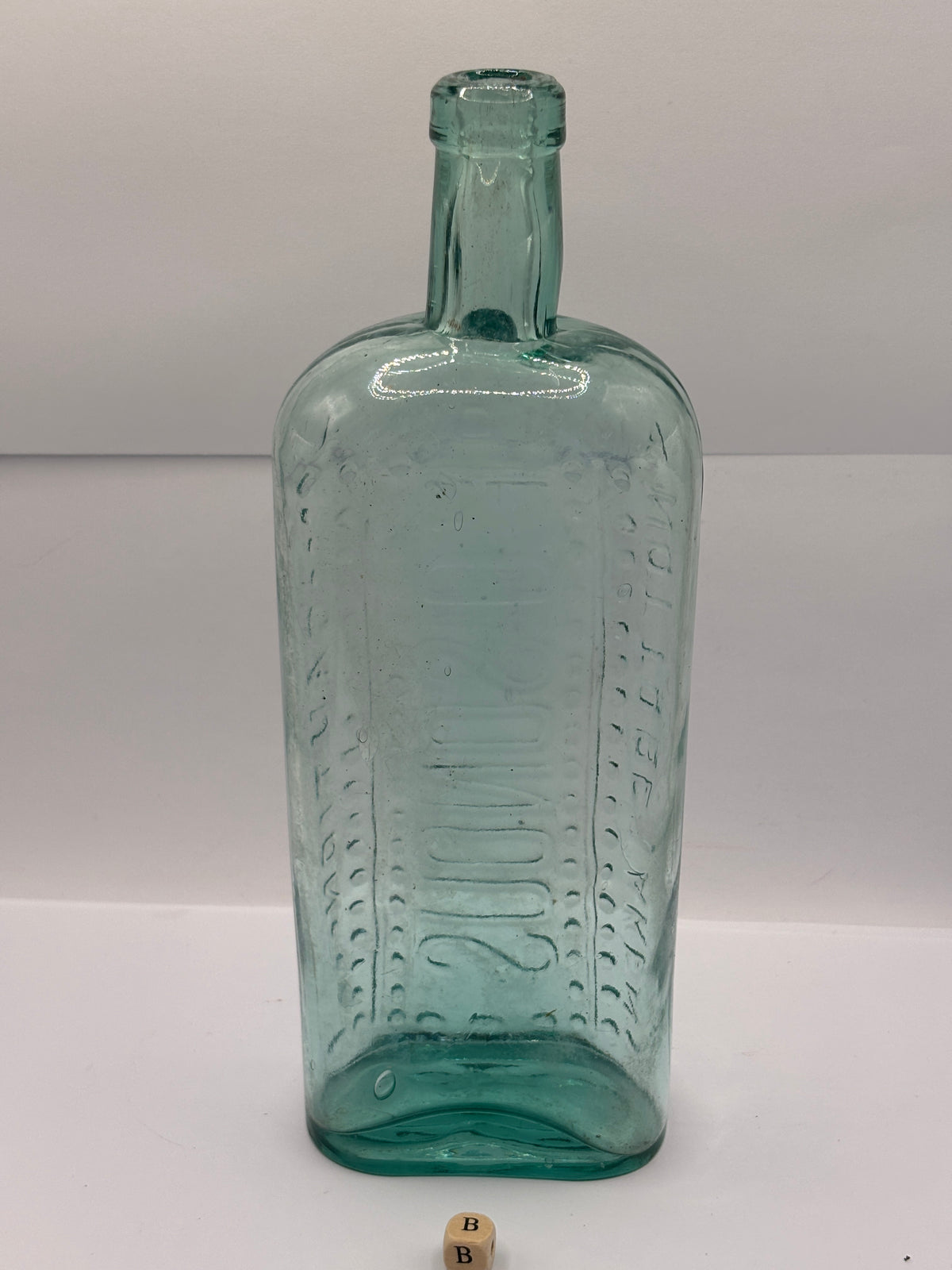 Old large aqua glass poison bottle 24cms (B)